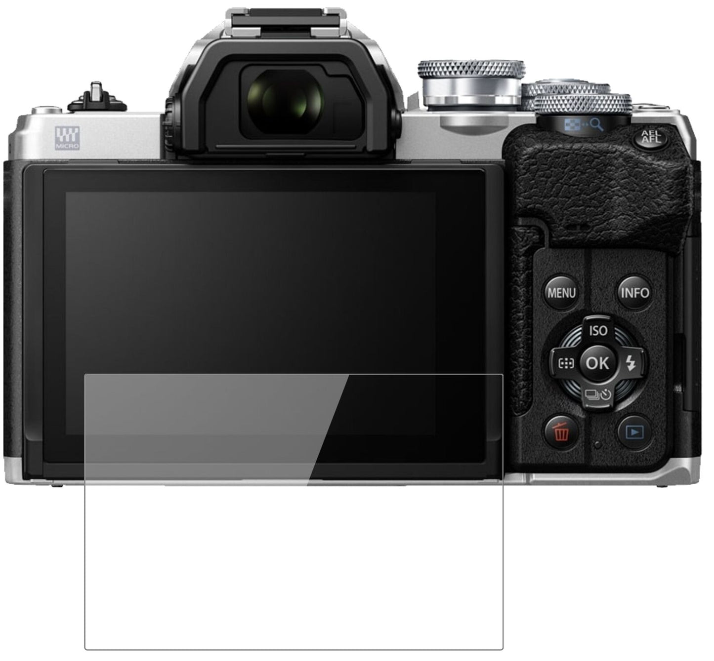 OlympusOM-D E-M10 Mark IV mit aufgebrachter dipos Flex Schutzfolie, glasklare Darstellung ohne Einschränkungen