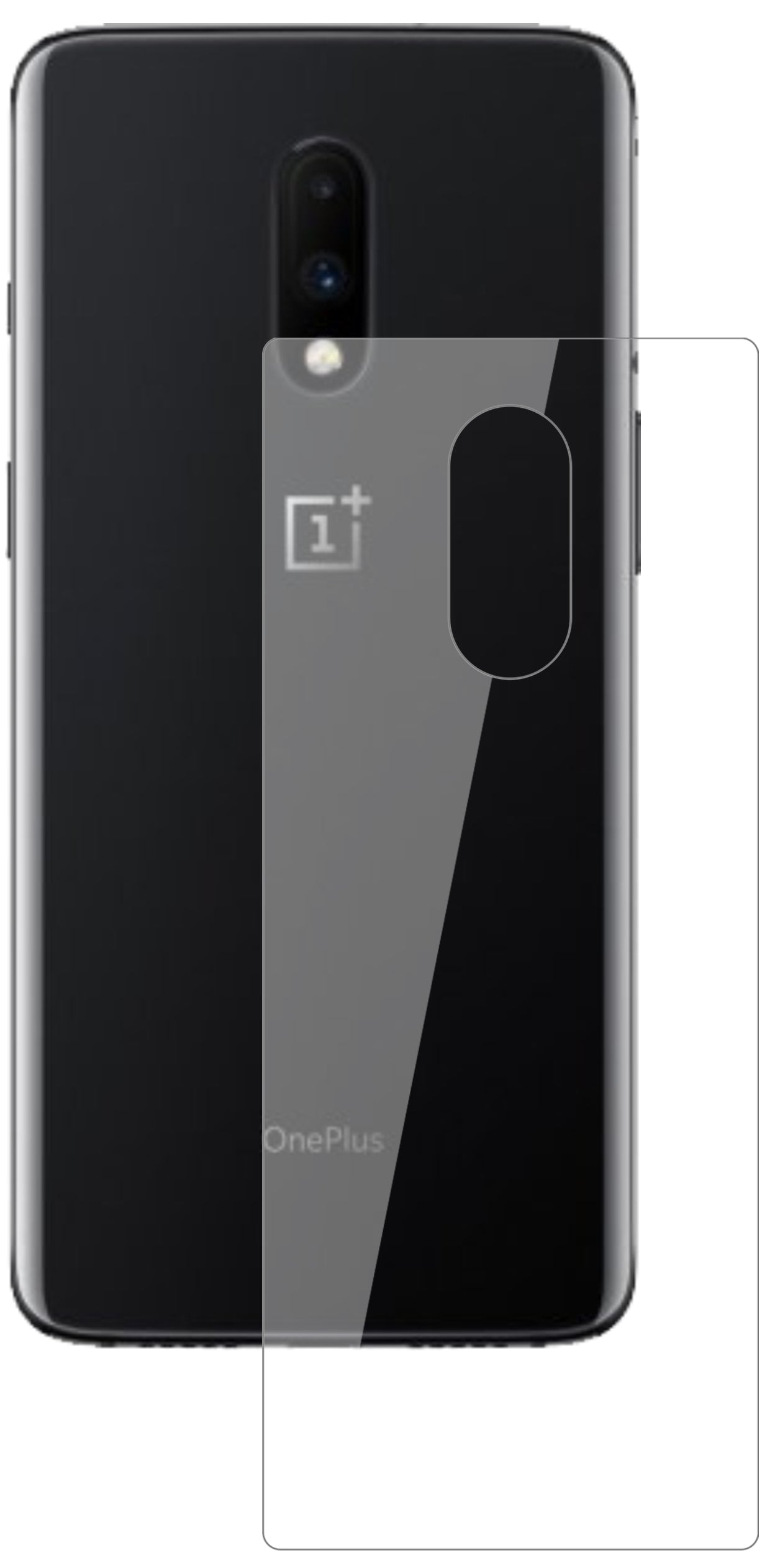 OnePlus7 Rückseite mit aufgebrachter dipos Flex Schutzfolie, glasklare Darstellung ohne Einschränkungen