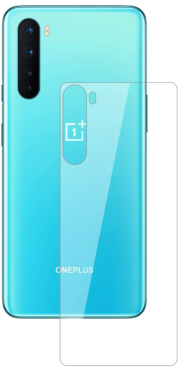 OnePlusNord Rückseite mit aufgebrachter dipos Flex Schutzfolie, glasklare Darstellung ohne Einschränkungen