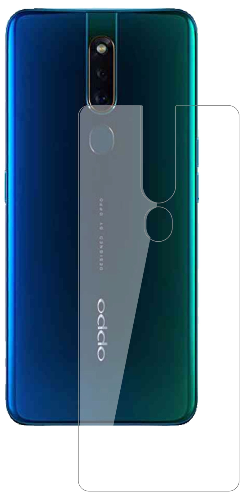 OppoF11 Pro Rückseite mit aufgebrachter dipos Flex Schutzfolie, glasklare Darstellung ohne Einschränkungen