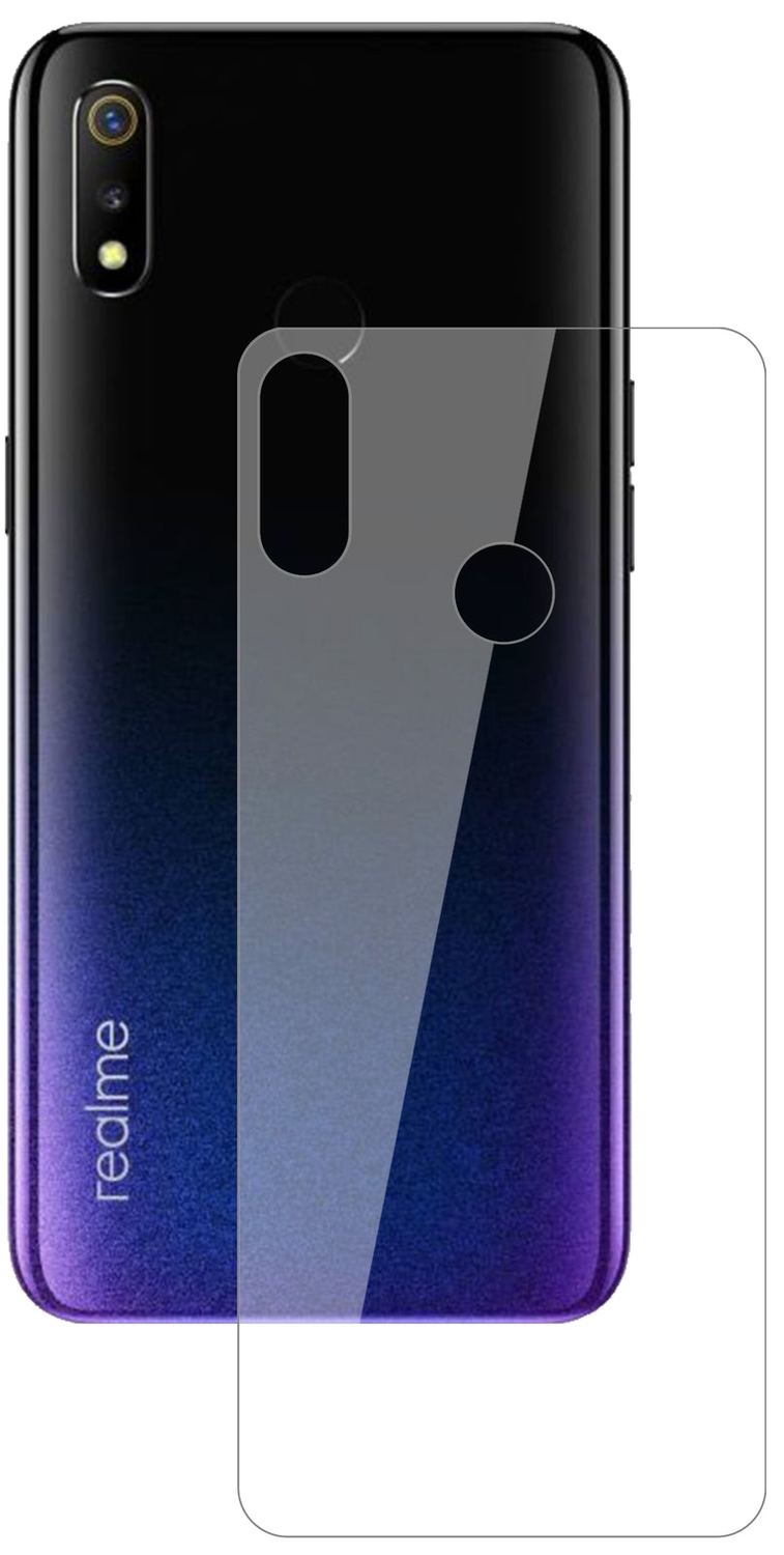 OppoRealme 3 Rückseite mit aufgebrachter dipos Flex Schutzfolie, glasklare Darstellung ohne Einschränkungen