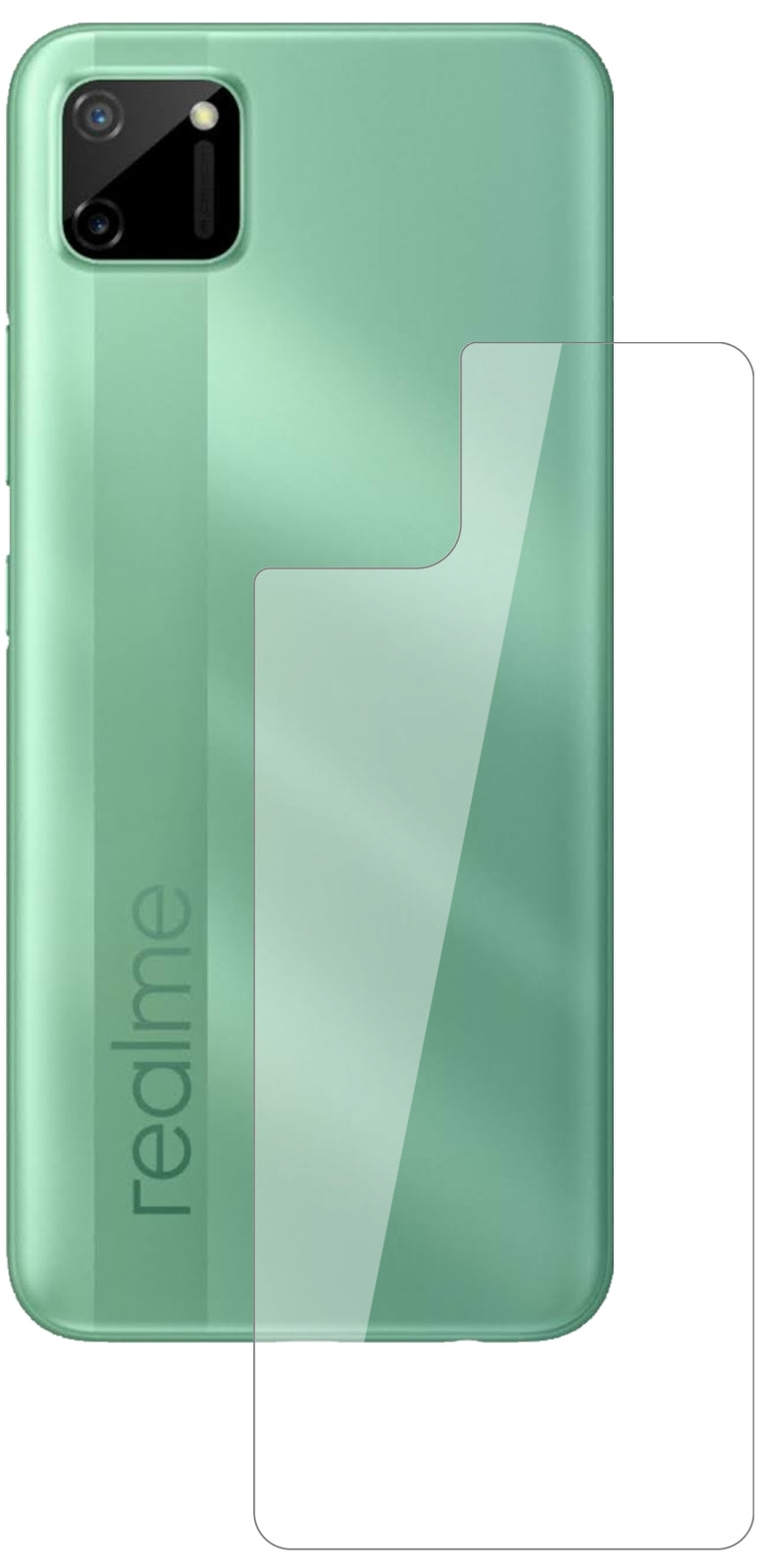 OppoRealme C11 Rückseite mit aufgebrachter dipos Flex Schutzfolie, glasklare Darstellung ohne Einschränkungen