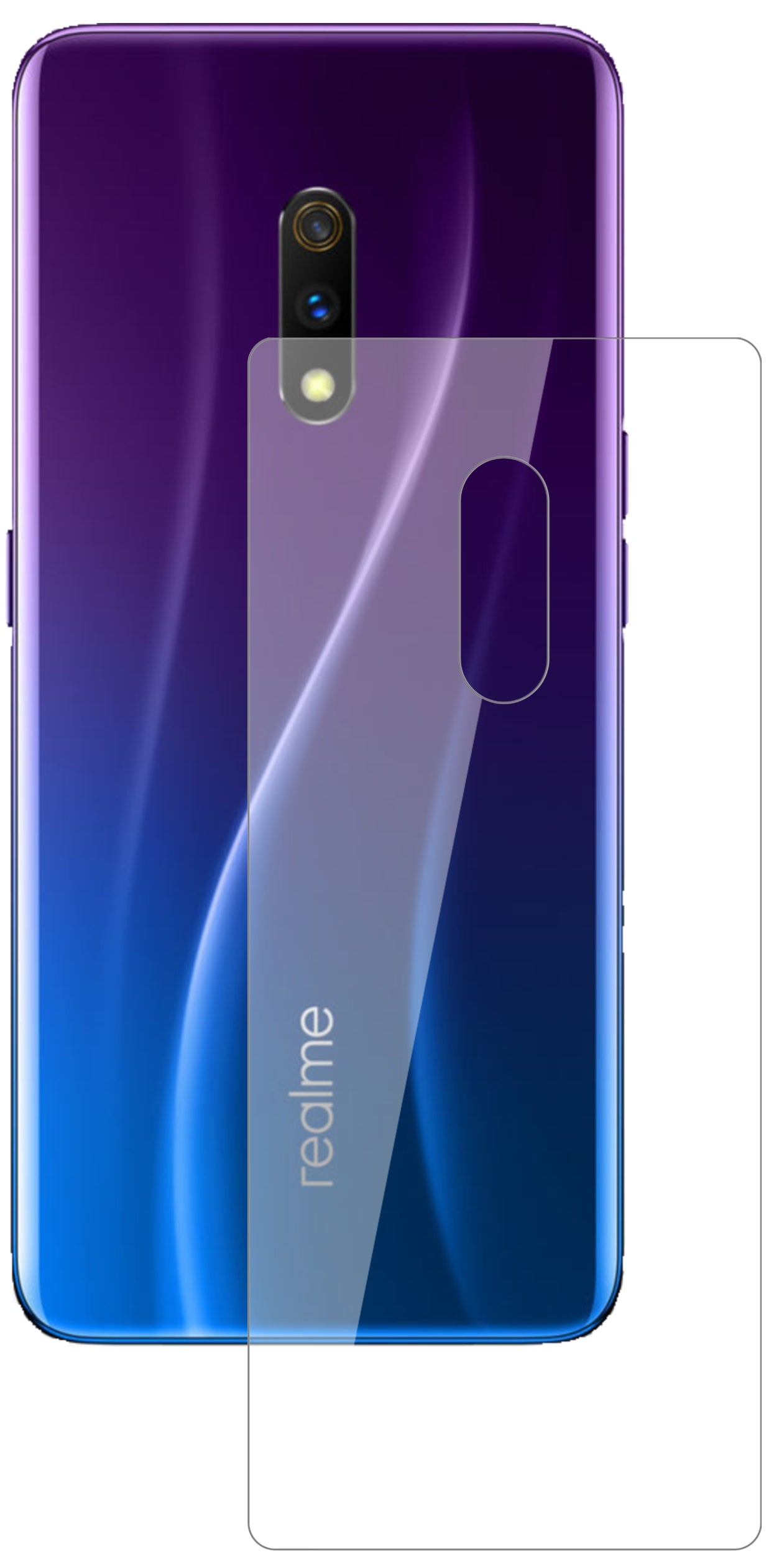 OppoRealme X Master Edition Rückseite mit aufgebrachter dipos Flex Schutzfolie, glasklare Darstellung ohne Einschränkungen