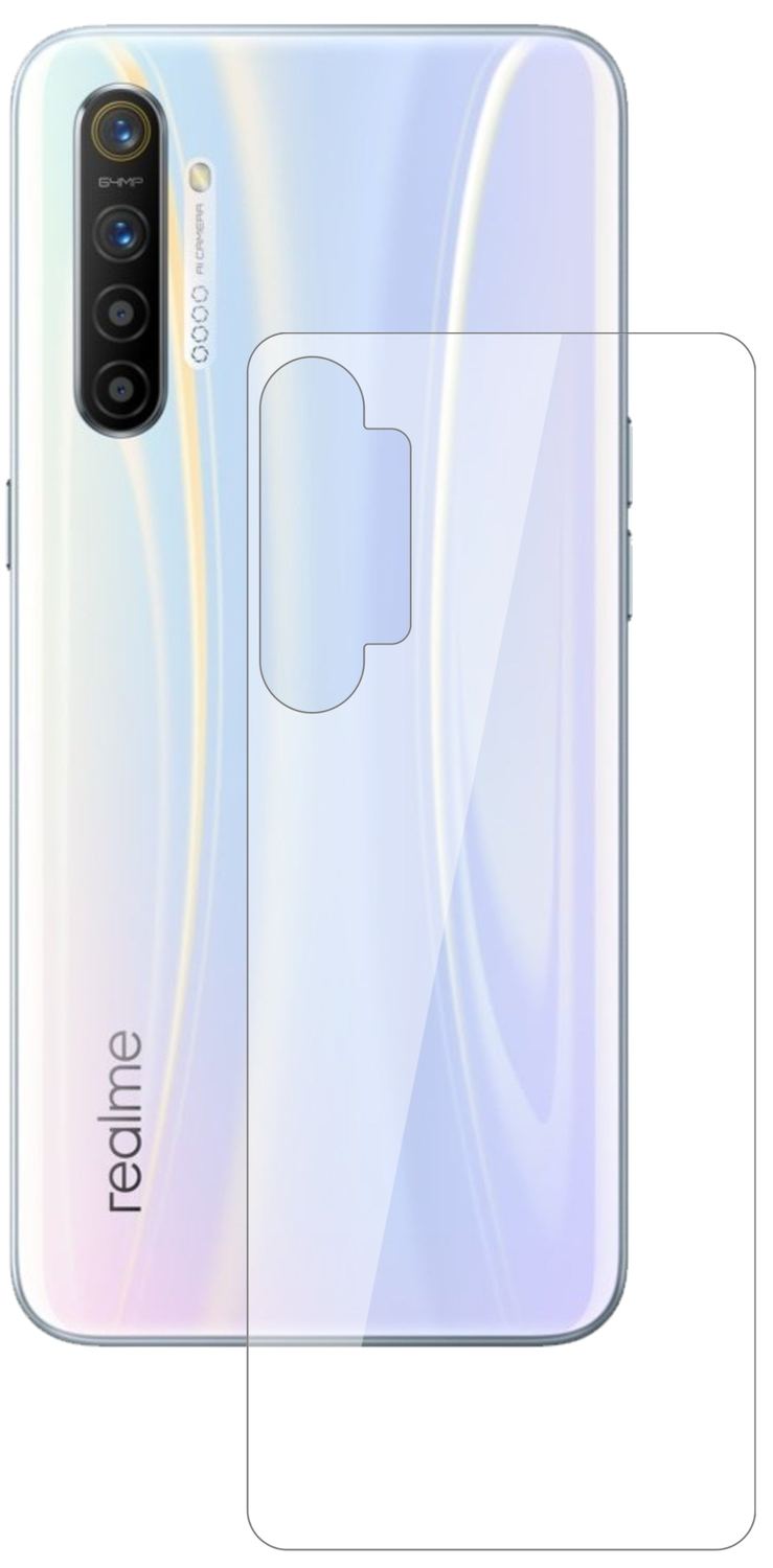 OppoRealme X2 Rückseite mit aufgebrachter dipos Flex Schutzfolie, glasklare Darstellung ohne Einschränkungen