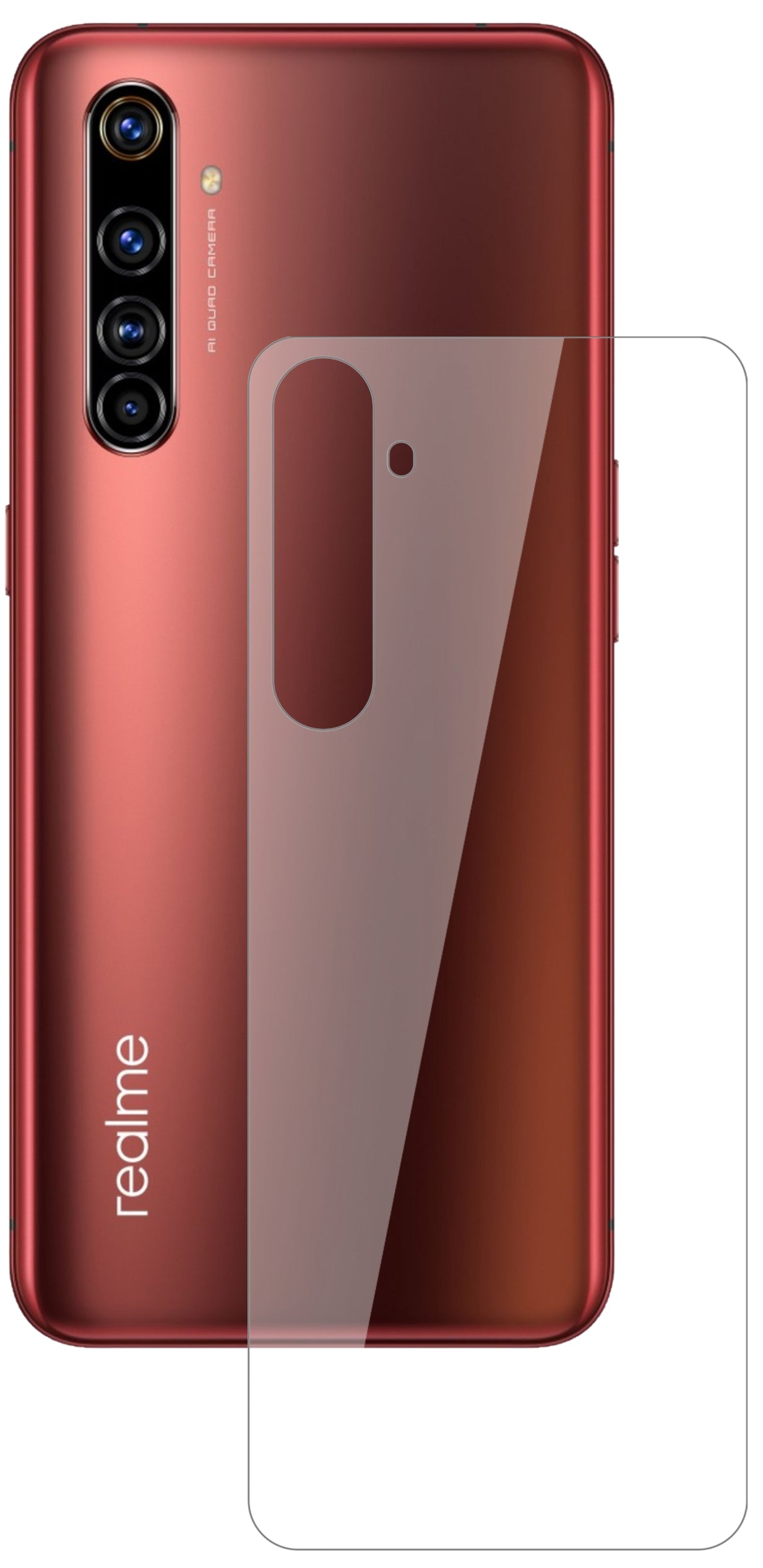 OppoRealme X50t 5G Rückseite mit aufgebrachter dipos Flex Schutzfolie, glasklare Darstellung ohne Einschränkungen