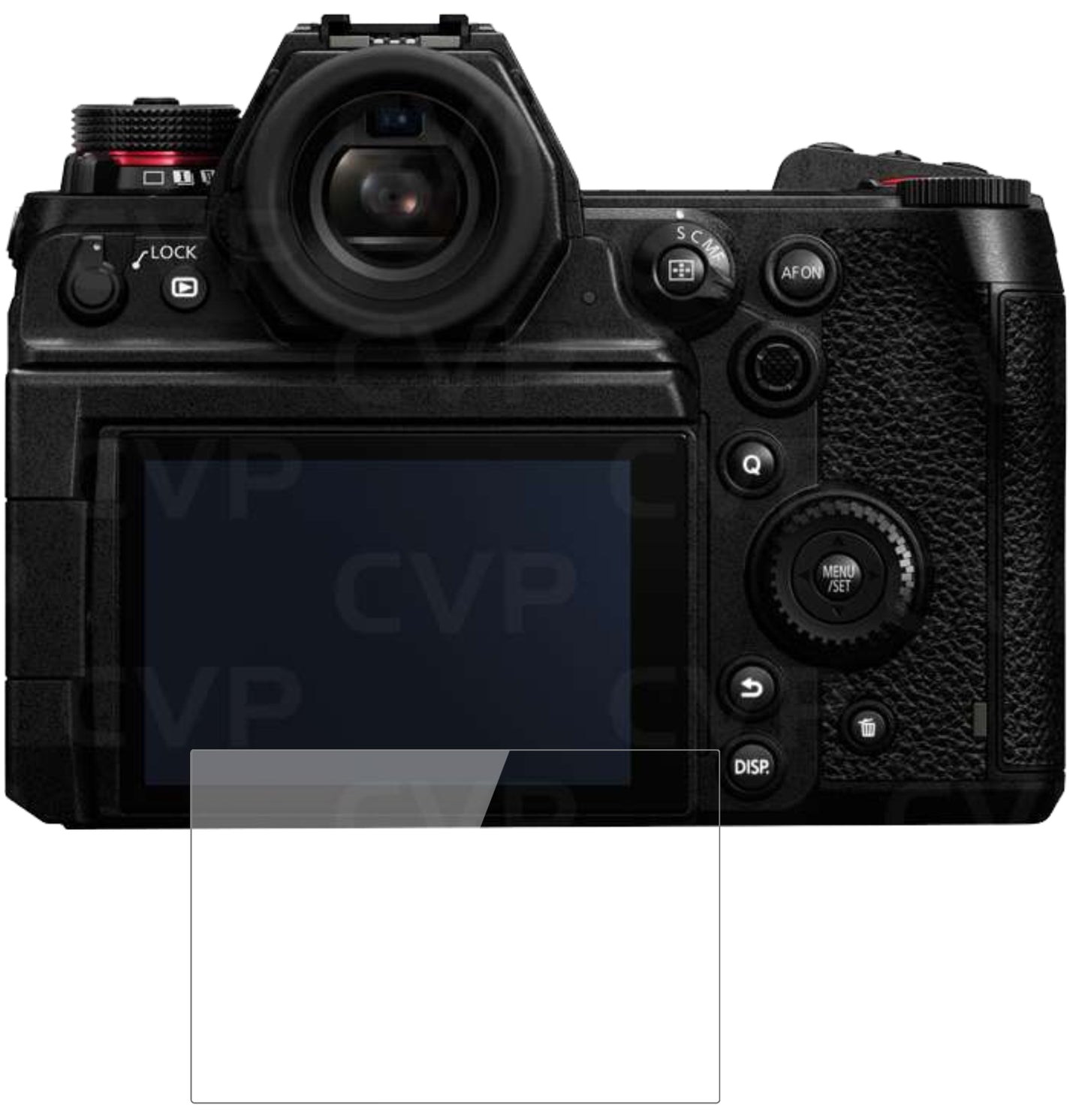 PanasonicLumix DC-S1H mit aufgebrachter dipos Flex Schutzfolie, glasklare Darstellung ohne Einschränkungen