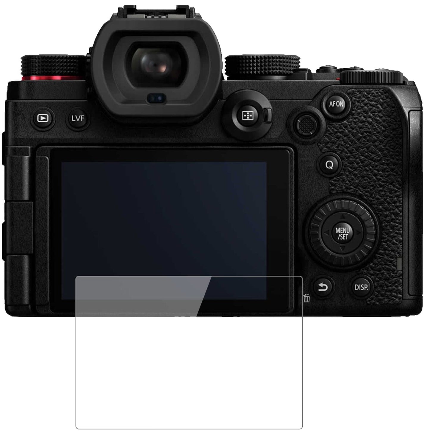 PanasonicLumix DC-S5 mit aufgebrachter dipos Flex Schutzfolie, glasklare Darstellung ohne Einschränkungen