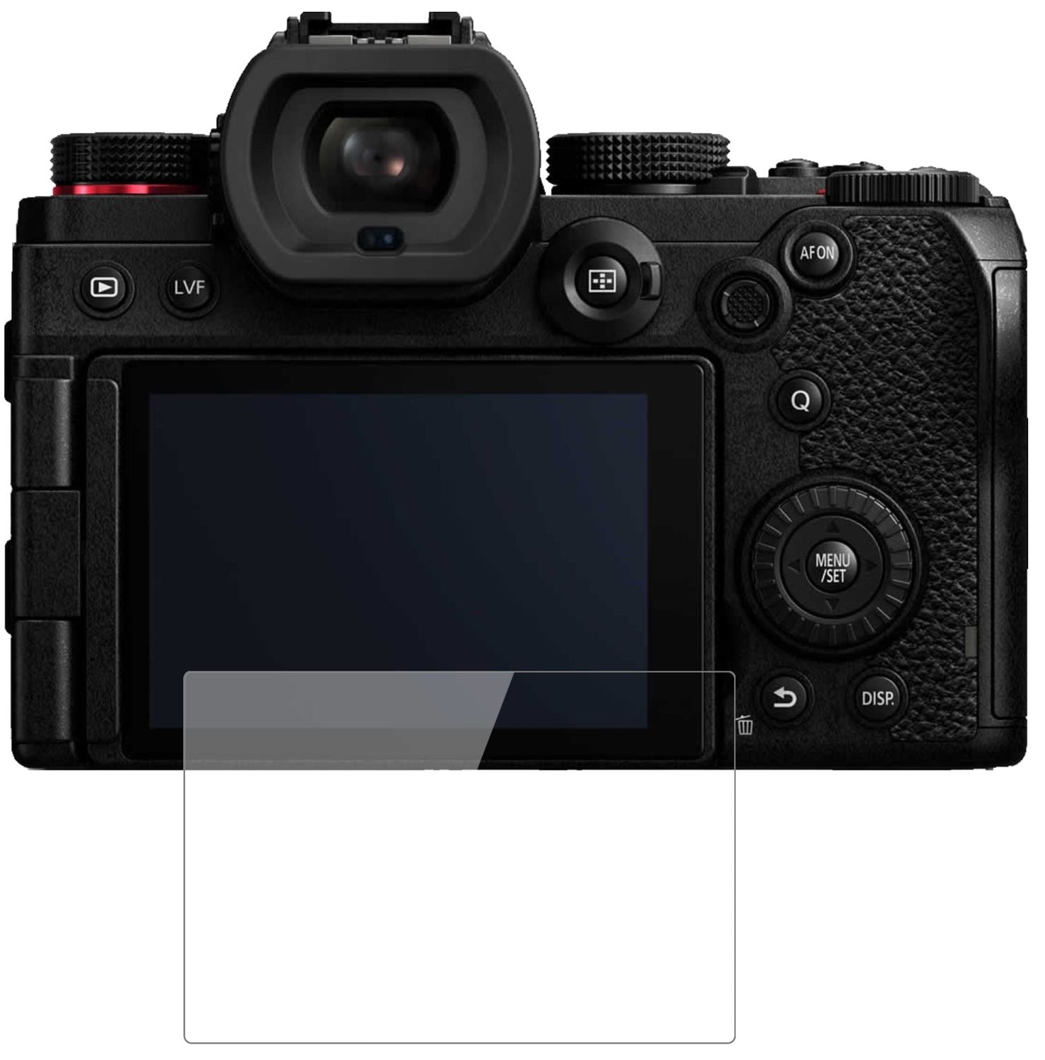 PanasonicLumix DC-S5 mit aufgebrachter dipos Flex Schutzfolie, glasklare Darstellung ohne Einschränkungen
