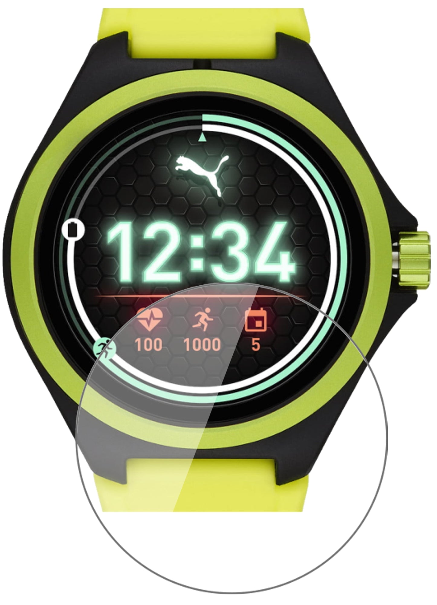PumaGen 4 Heart Rate Smartwatch mit aufgebrachter dipos Flex Schutzfolie, glasklare Darstellung ohne Einschränkungen