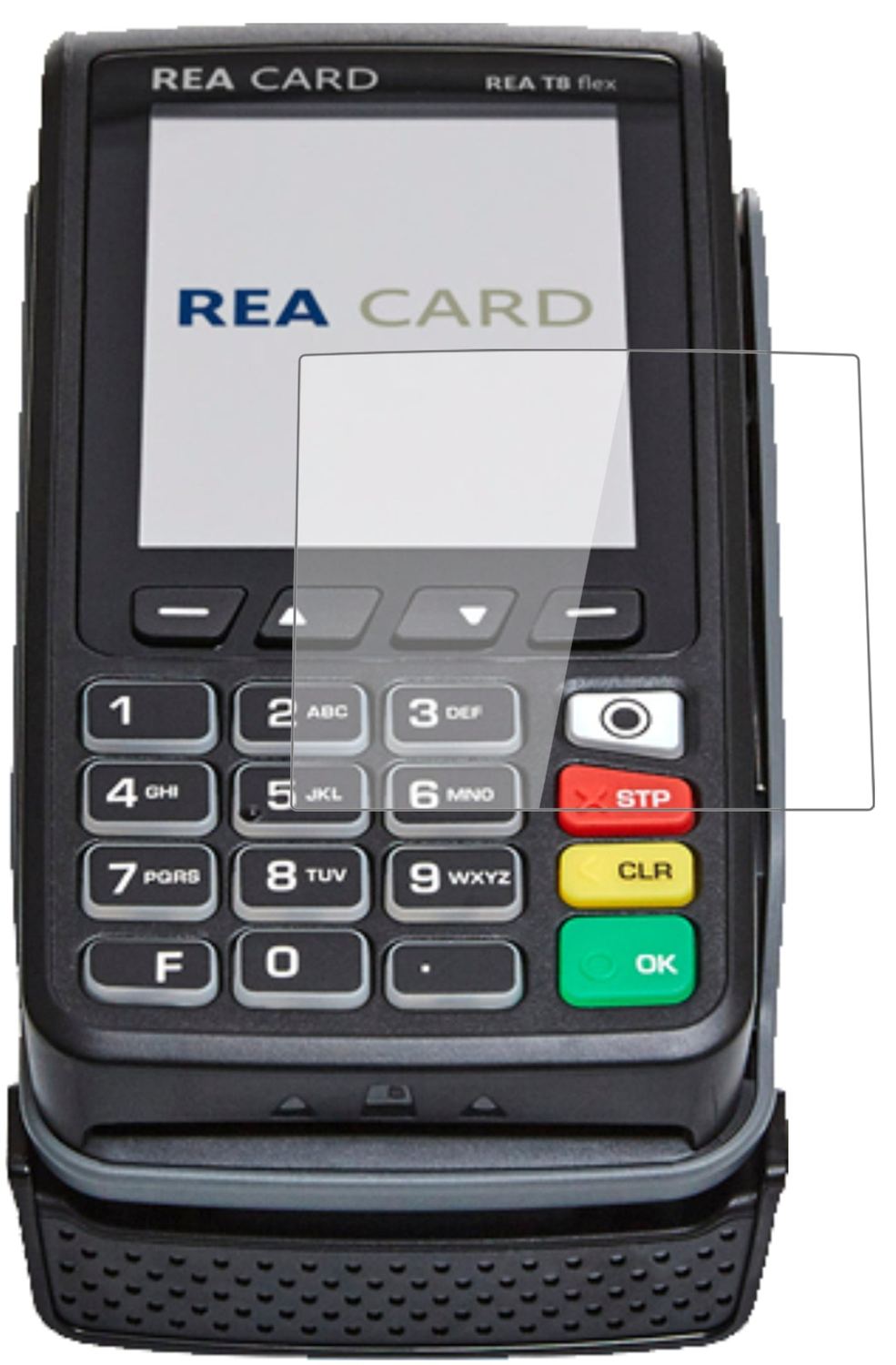 REA CARDT8 flex Terminal mit aufgebrachter dipos Flex Schutzfolie, glasklare Darstellung ohne Einschränkungen