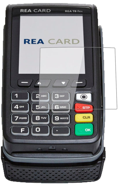 REA CARDT8 flex Terminal mit aufgebrachter dipos Flex Schutzfolie, glasklare Darstellung ohne Einschränkungen