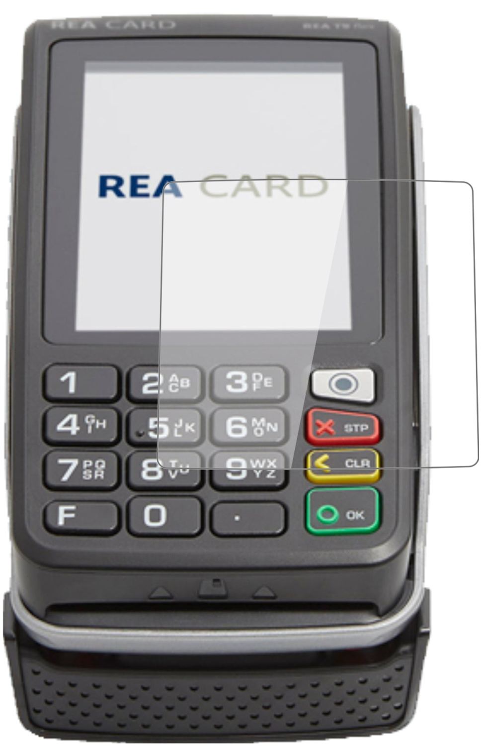 REA CARDT9 flex Terminal mit aufgebrachter dipos Flex Schutzfolie, glasklare Darstellung ohne Einschränkungen