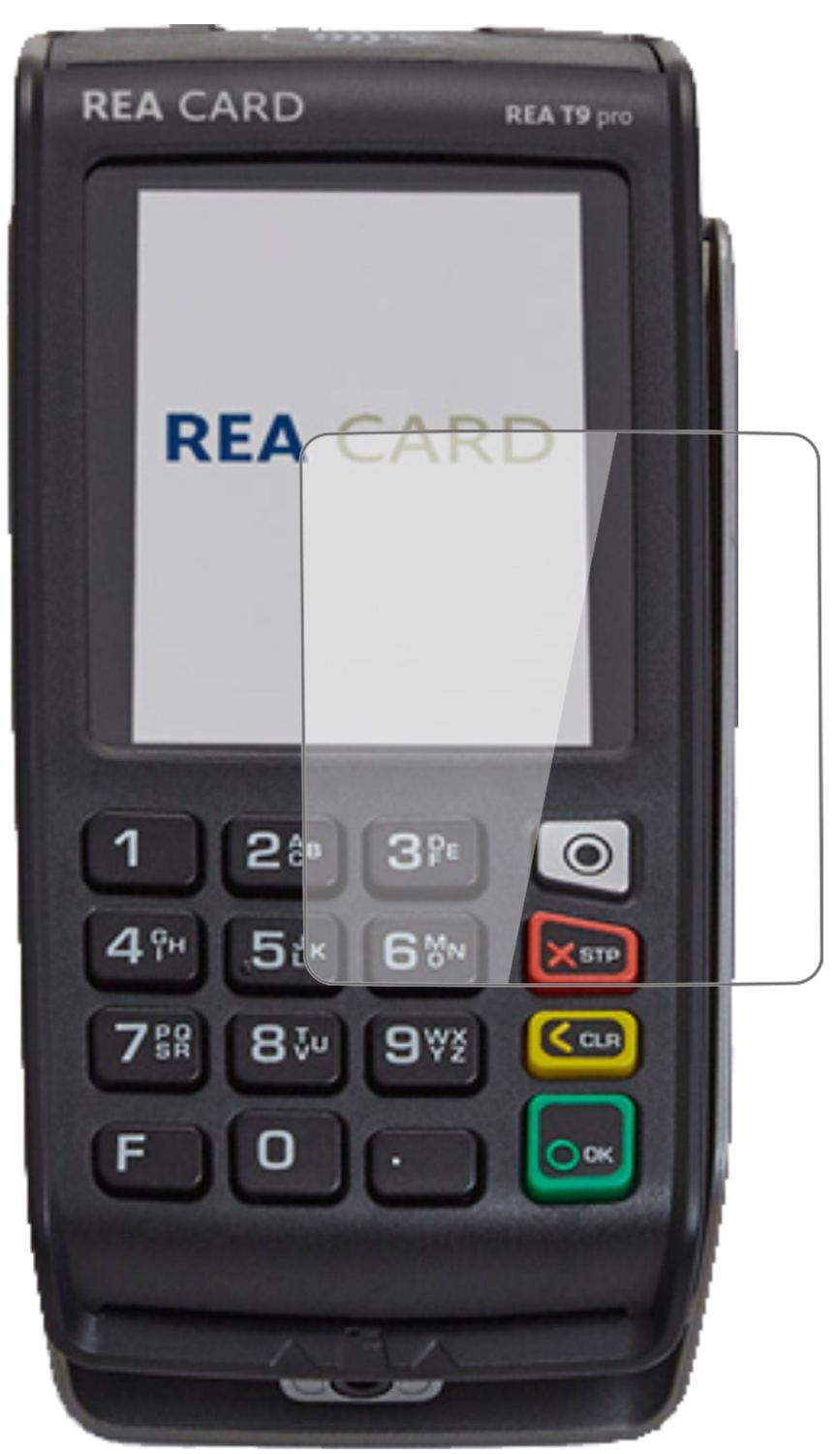 REA CARDT9 pro Terminal mit aufgebrachter dipos Flex Schutzfolie, glasklare Darstellung ohne Einschränkungen