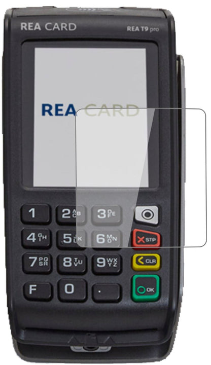 REA CARDT9 pro Terminal mit aufgebrachter dipos Flex Schutzfolie, glasklare Darstellung ohne Einschränkungen