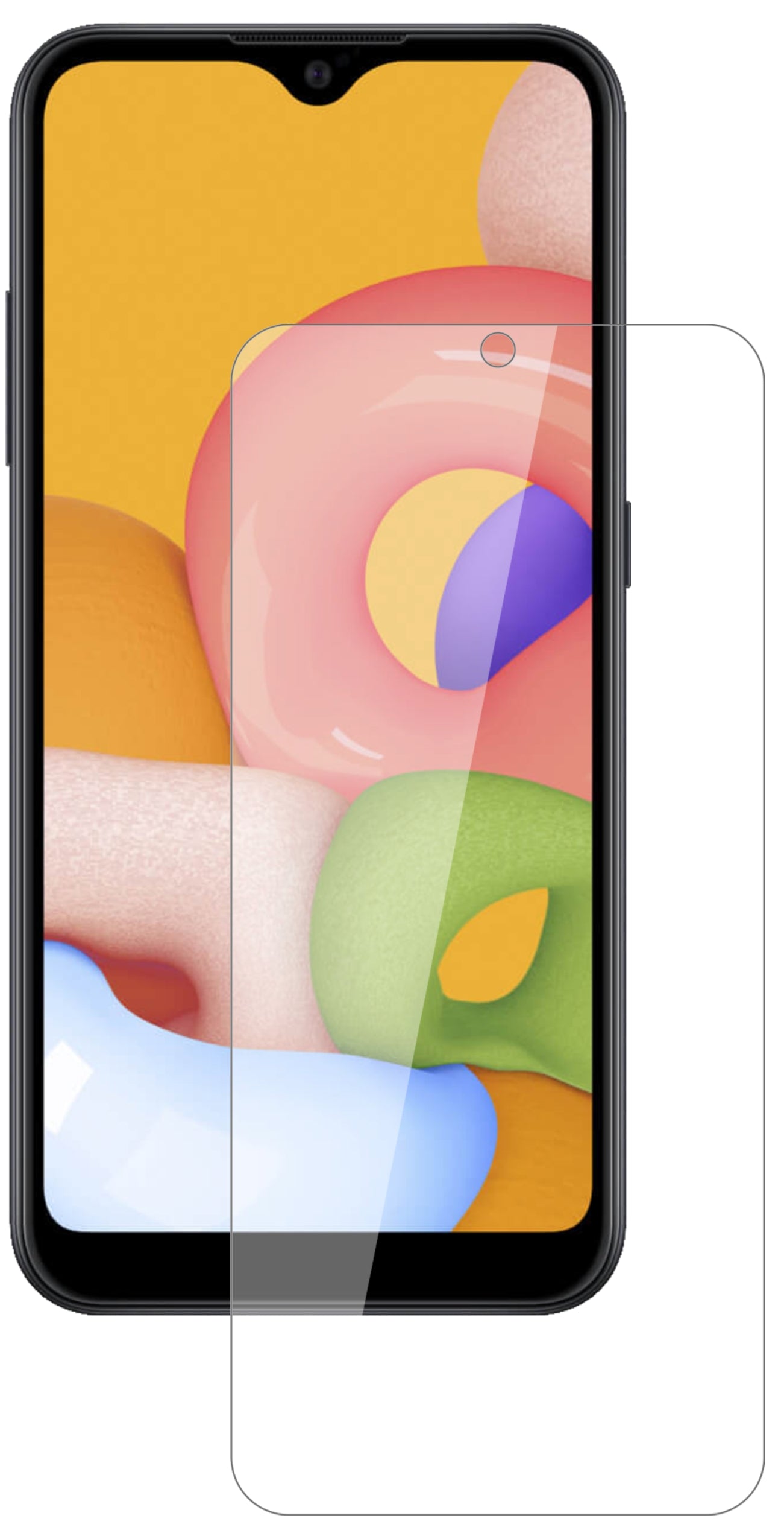 SamsungGalaxy A01 mit aufgebrachter dipos Flex Schutzfolie, glasklare Darstellung ohne Einschränkungen