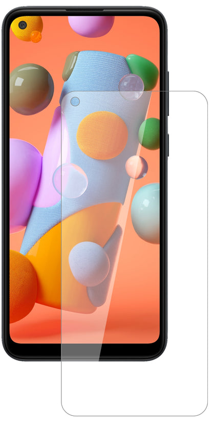 SamsungGalaxy A11 mit aufgebrachter dipos Flex Schutzfolie, glasklare Darstellung ohne Einschränkungen