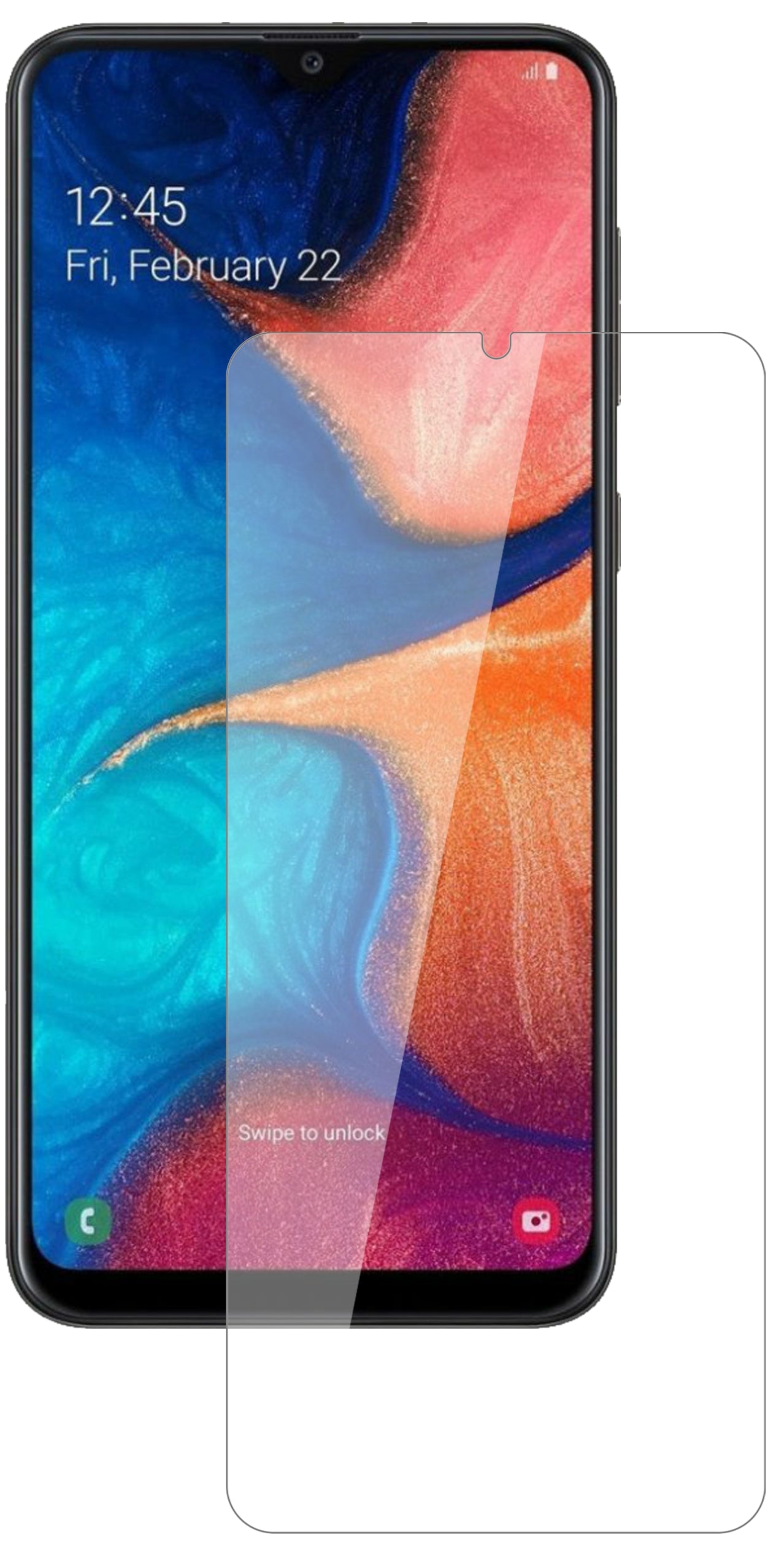 SamsungGalaxy A20 mit aufgebrachter dipos Flex Schutzfolie, glasklare Darstellung ohne Einschränkungen