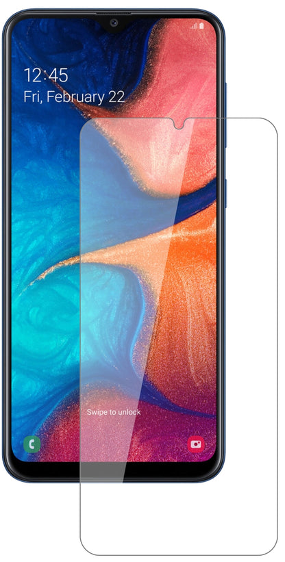 SamsungGalaxy A20e mit aufgebrachter dipos Flex Schutzfolie, glasklare Darstellung ohne Einschränkungen