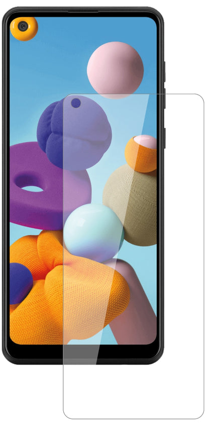 SamsungGalaxy A21 mit aufgebrachter dipos Flex Schutzfolie, glasklare Darstellung ohne Einschränkungen