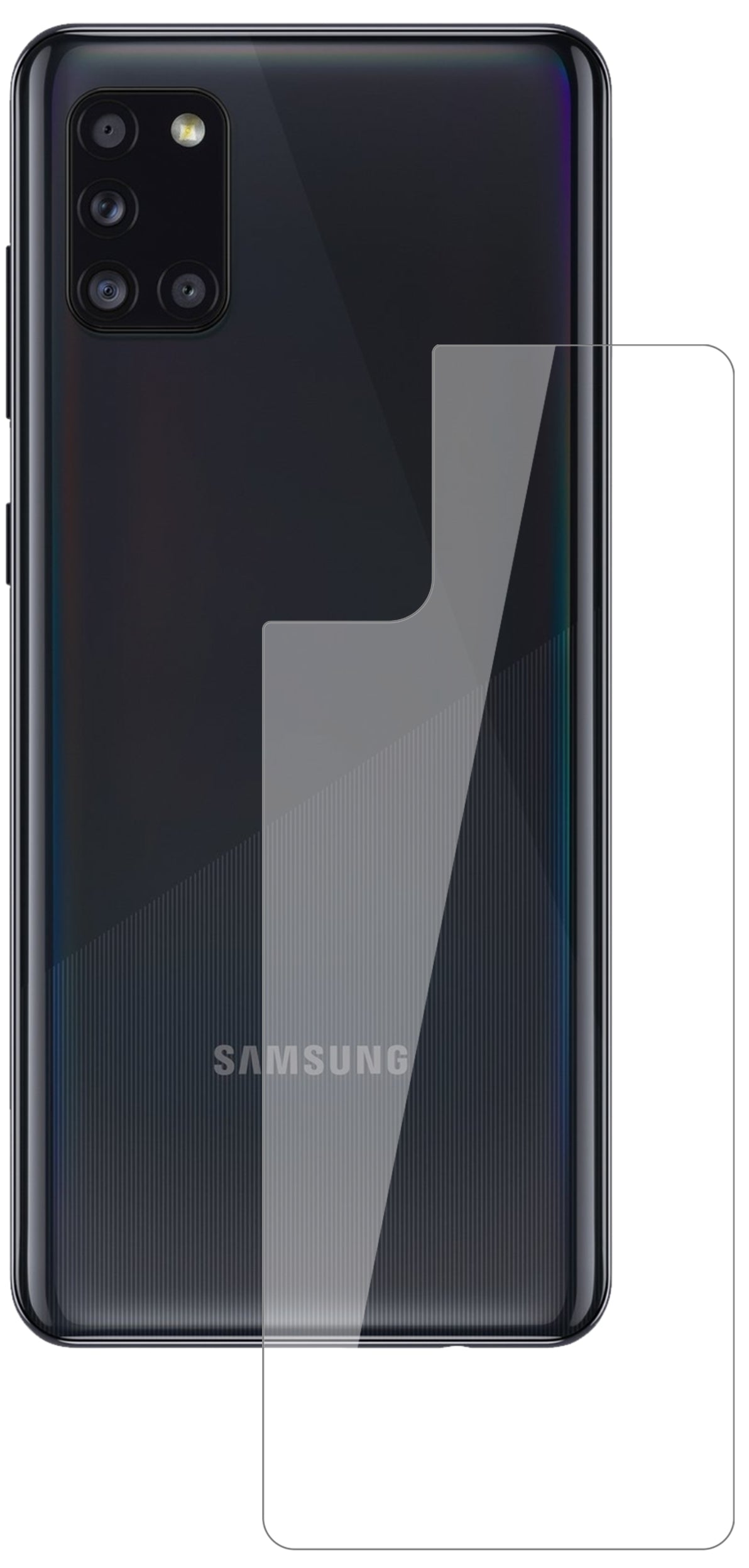 SamsungGalaxy A31 Rückseite mit aufgebrachter dipos Flex Schutzfolie, glasklare Darstellung ohne Einschränkungen