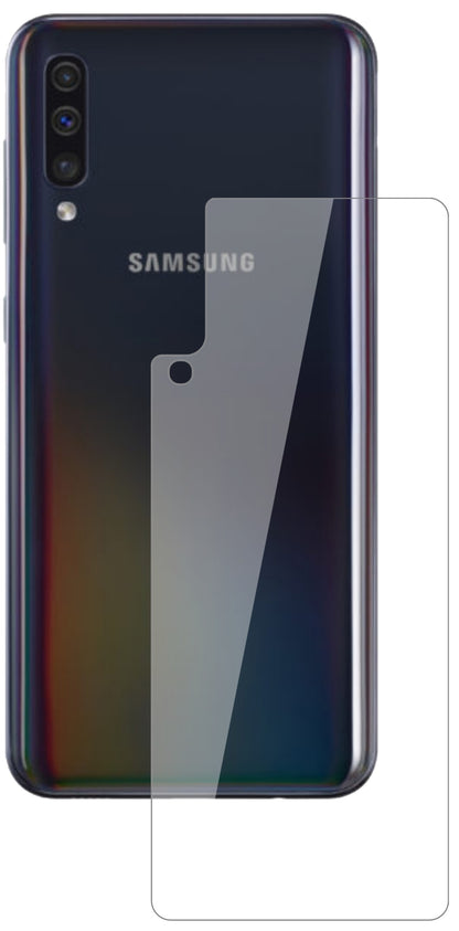 SamsungGalaxy A40 Rückseite mit aufgebrachter dipos Flex Schutzfolie, glasklare Darstellung ohne Einschränkungen