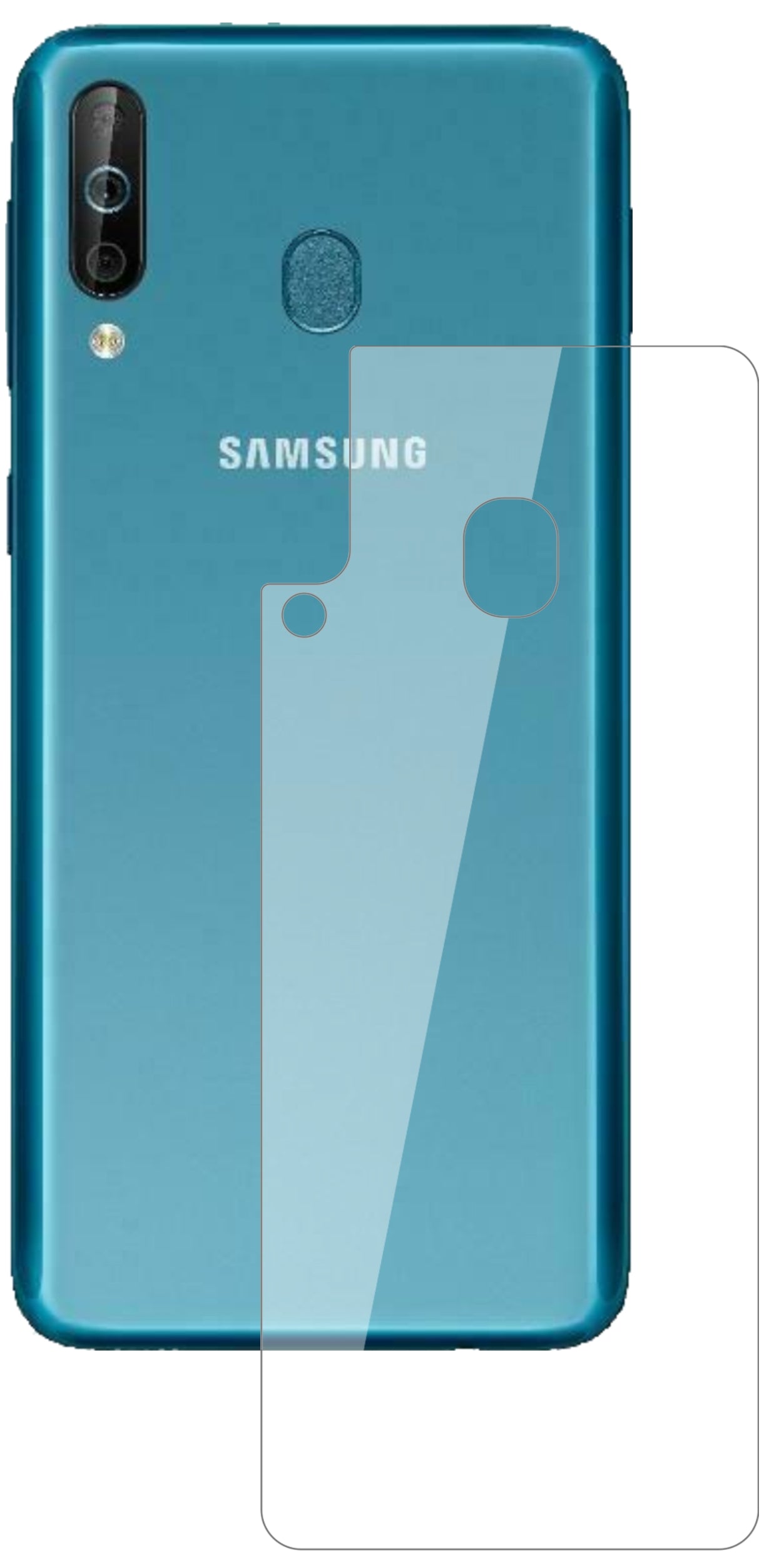 SamsungGalaxy A40s Rückseite mit aufgebrachter dipos Flex Schutzfolie, glasklare Darstellung ohne Einschränkungen
