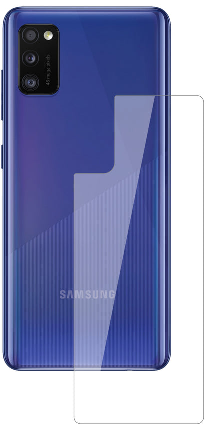 SamsungGalaxy A41 Rückseite mit aufgebrachter dipos Flex Schutzfolie, glasklare Darstellung ohne Einschränkungen