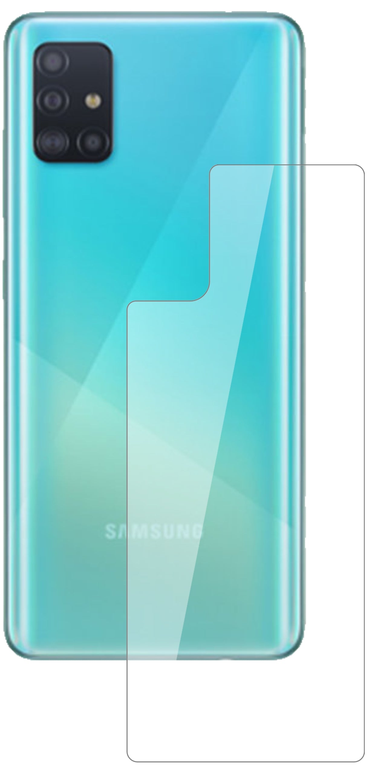 SamsungGalaxy A71 Rückseite mit aufgebrachter dipos Flex Schutzfolie, glasklare Darstellung ohne Einschränkungen