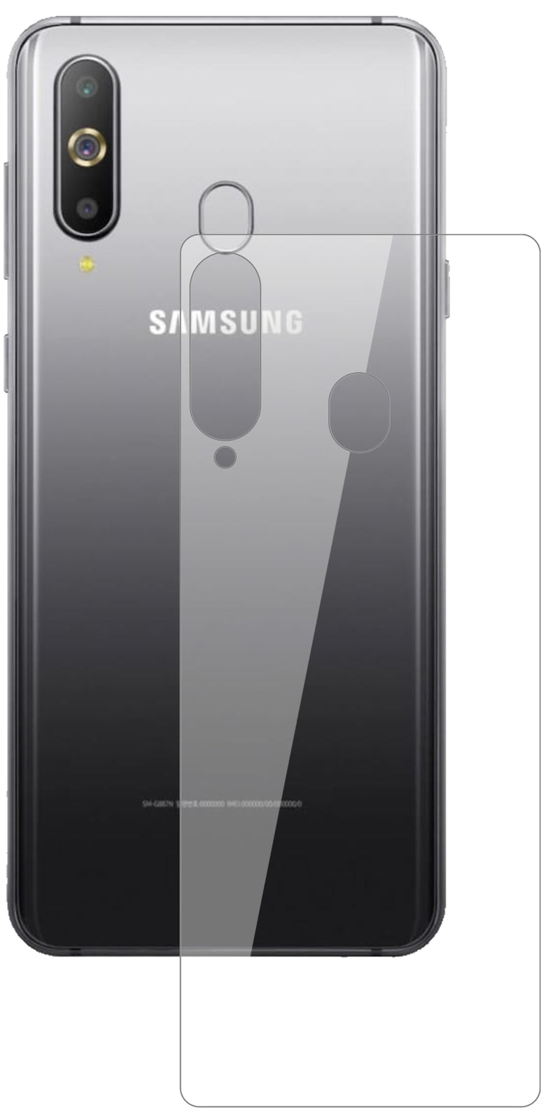 SamsungGalaxy A60 Rückseite mit aufgebrachter dipos Flex Schutzfolie, glasklare Darstellung ohne Einschränkungen