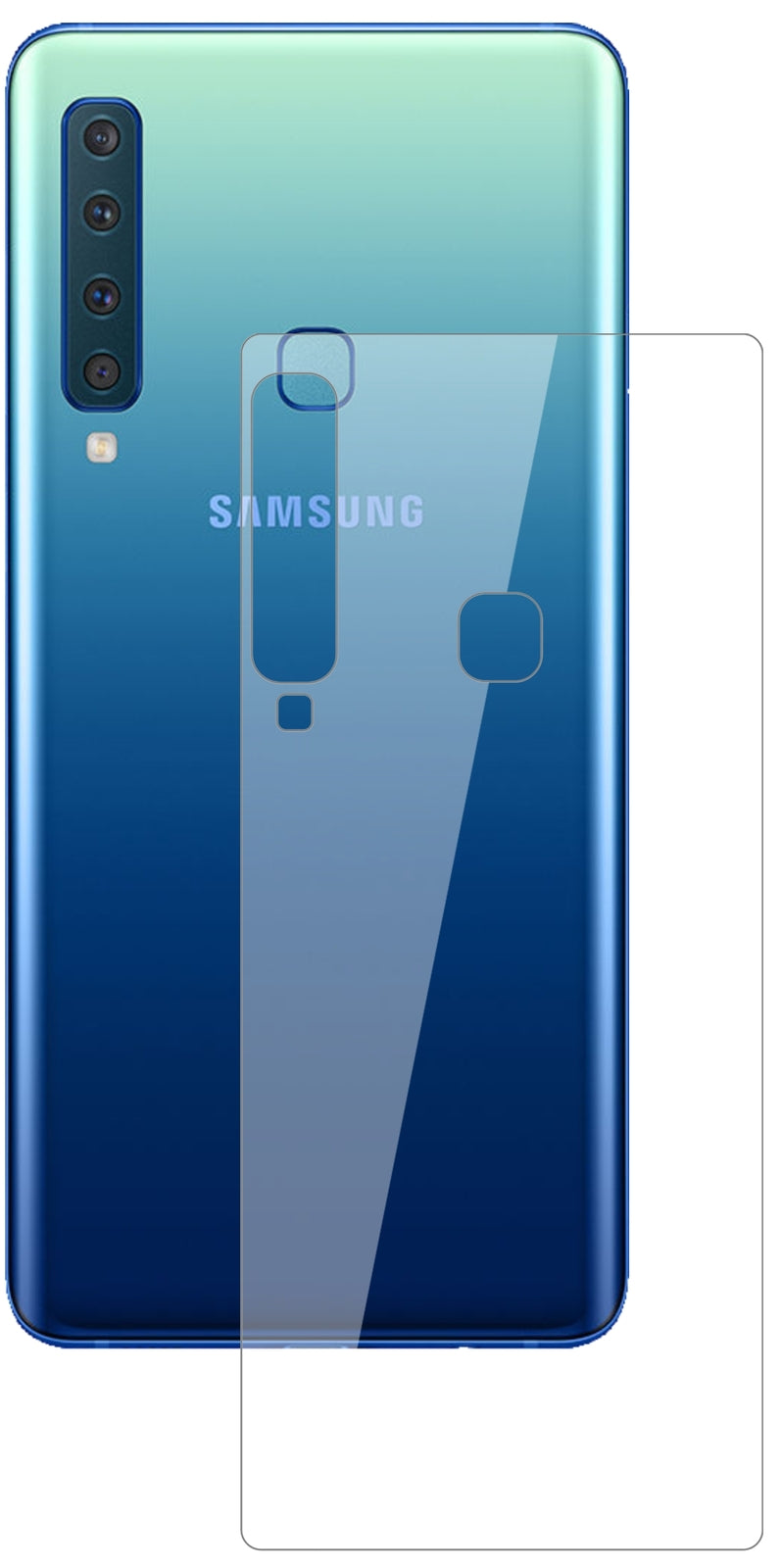 SamsungGalaxy A9 (2018) Rückseite mit aufgebrachter dipos Flex Schutzfolie, glasklare Darstellung ohne Einschränkungen