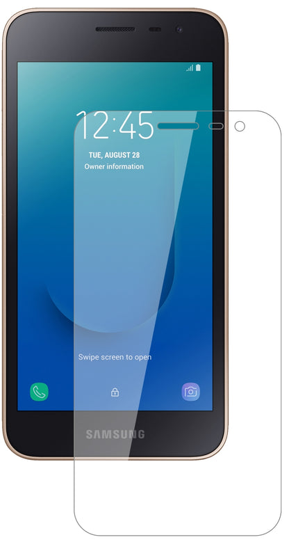 SamsungGalaxy J2 Core (2018) mit aufgebrachter dipos Flex Schutzfolie, glasklare Darstellung ohne Einschränkungen