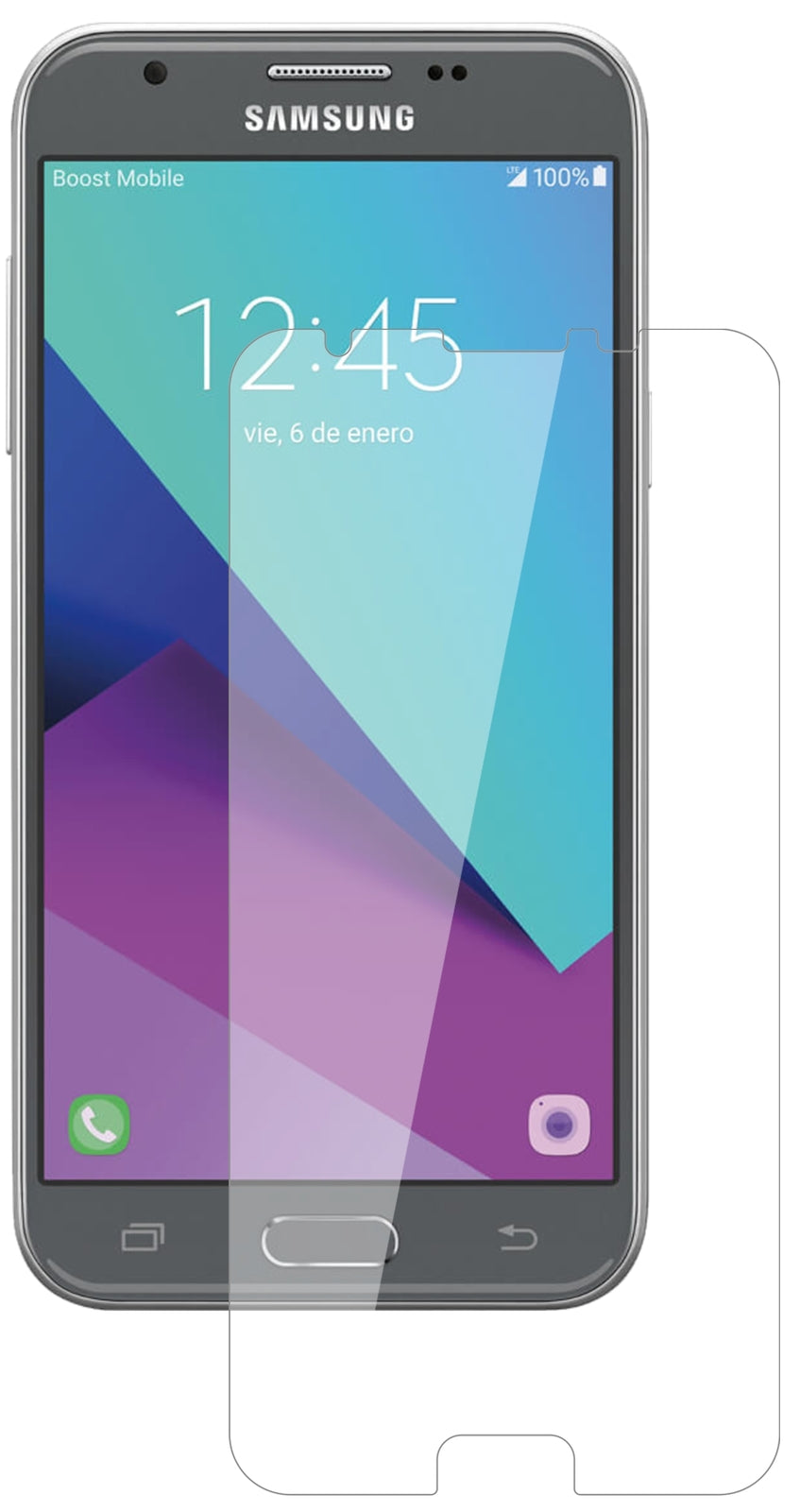 SamsungGalaxy J3 2017 mit aufgebrachter dipos Flex Schutzfolie, glasklare Darstellung ohne Einschränkungen