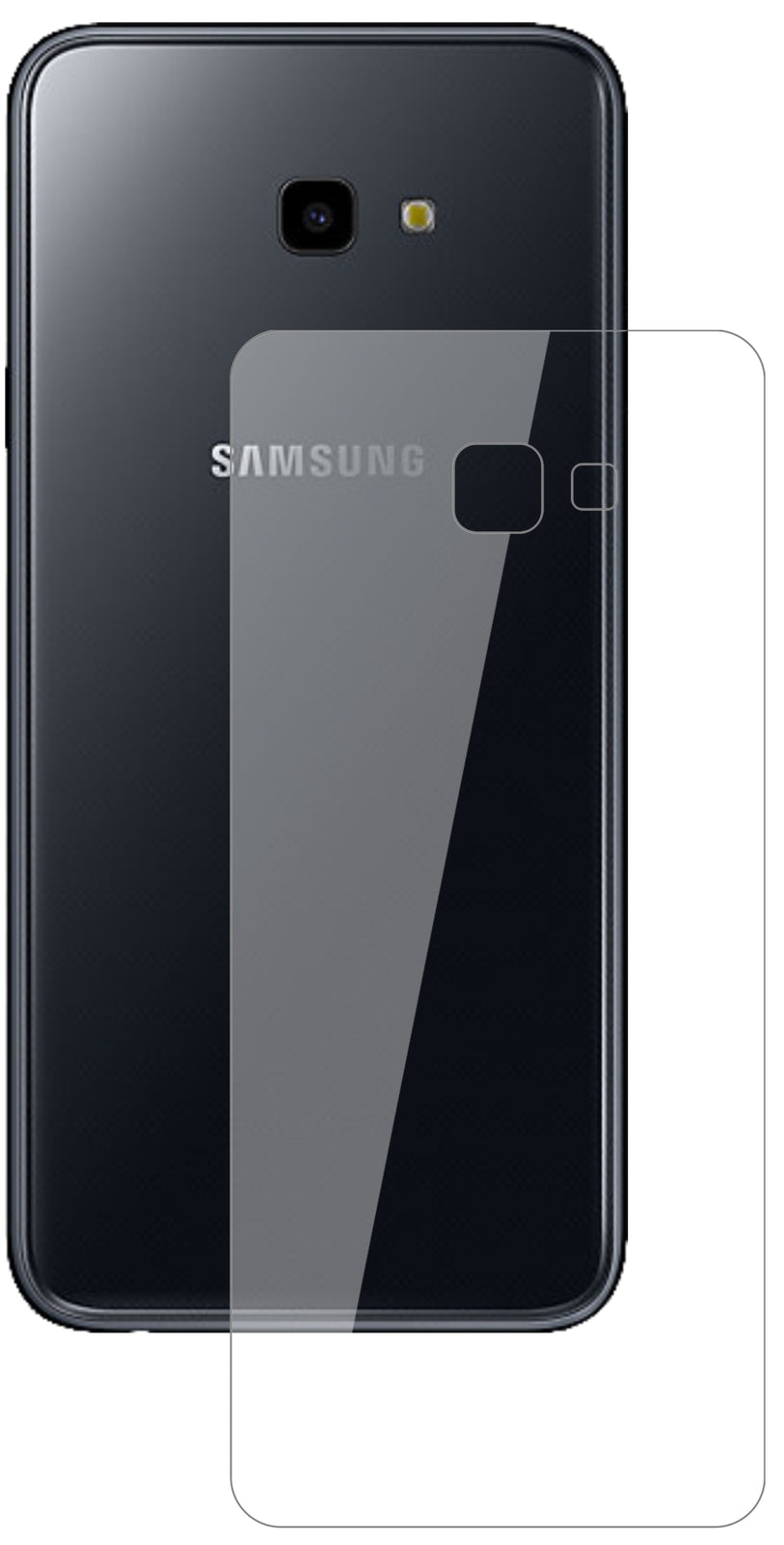 SamsungGalaxy J4 Plus (2018) Rückseite mit aufgebrachter dipos Flex Schutzfolie, glasklare Darstellung ohne Einschränkungen