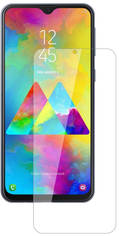 SamsungGalaxy M20 mit aufgebrachter dipos Flex Schutzfolie, glasklare Darstellung ohne Einschränkungen