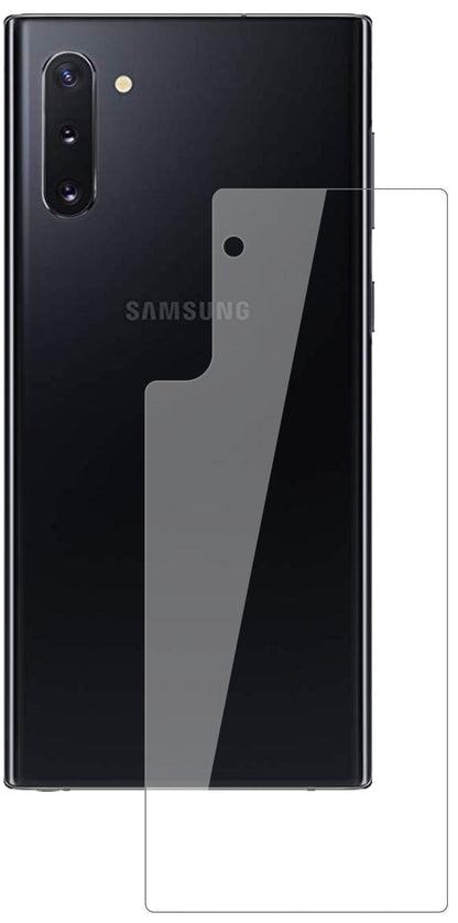 SamsungGalaxy Note 10 Rückseite mit aufgebrachter dipos Flex Schutzfolie, glasklare Darstellung ohne Einschränkungen