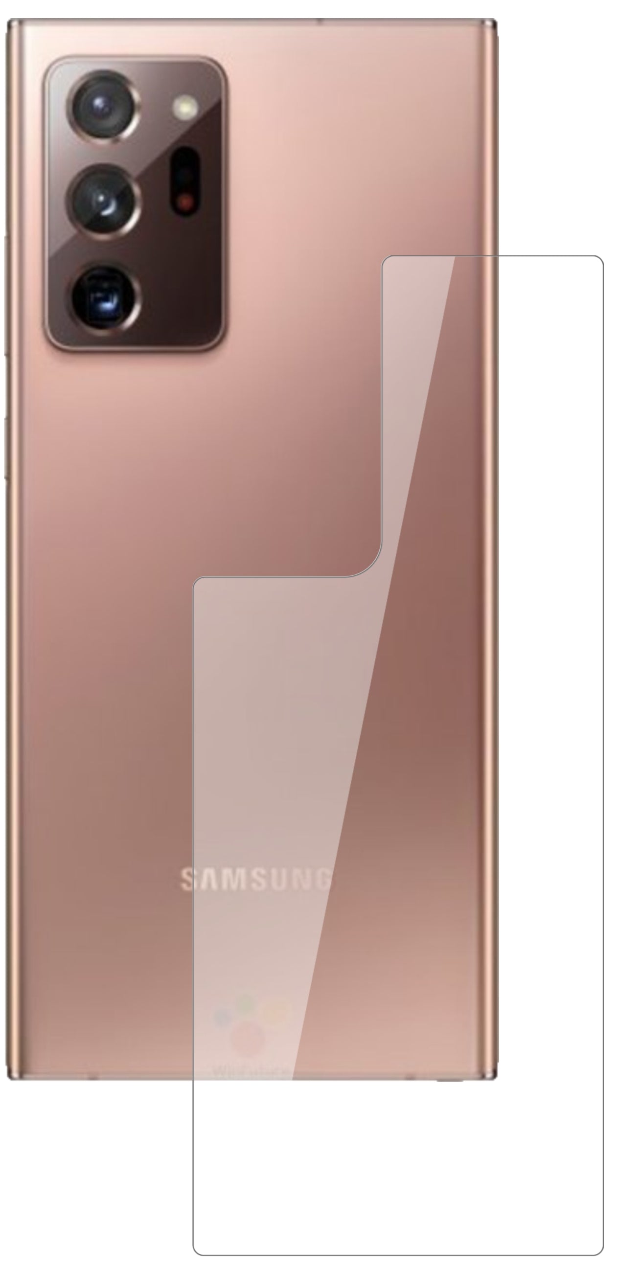 SamsungGalaxy Note 20 Rückseite mit aufgebrachter dipos Flex Schutzfolie, glasklare Darstellung ohne Einschränkungen