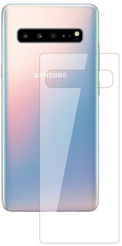 SamsungGalaxy S10 5G Rückseite mit aufgebrachter dipos Flex Schutzfolie, glasklare Darstellung ohne Einschränkungen
