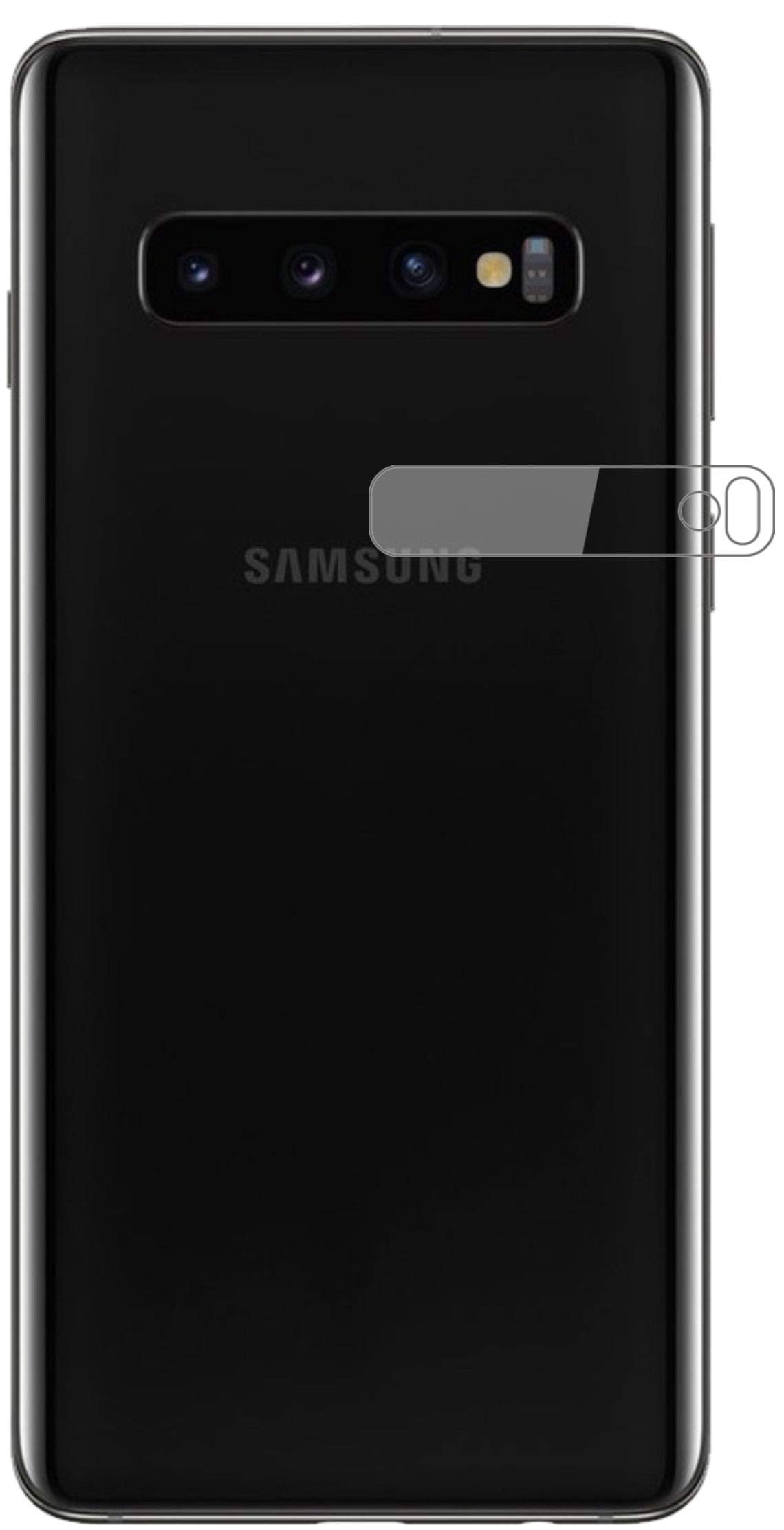 SamsungGalaxy S10 Kameralinse mit aufgebrachter dipos Flex Schutzfolie, glasklare Darstellung ohne Einschränkungen