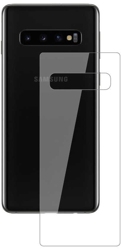 SamsungGalaxy S10 Rückseite mit aufgebrachter dipos Flex Schutzfolie, glasklare Darstellung ohne Einschränkungen