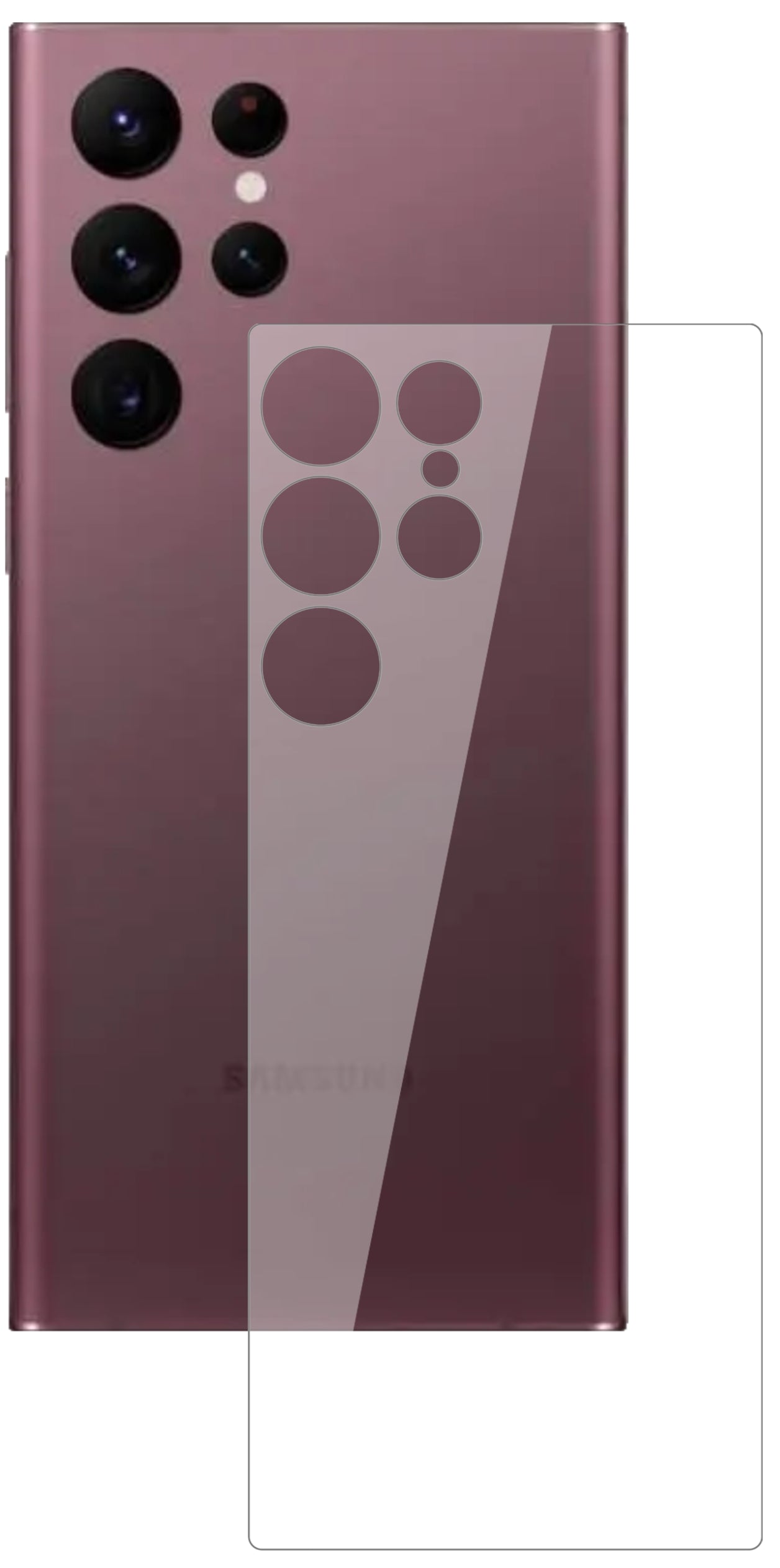 SamsungGalaxy S22 Ultra Rückseite mit aufgebrachter dipos Flex Schutzfolie, glasklare Darstellung ohne Einschränkungen