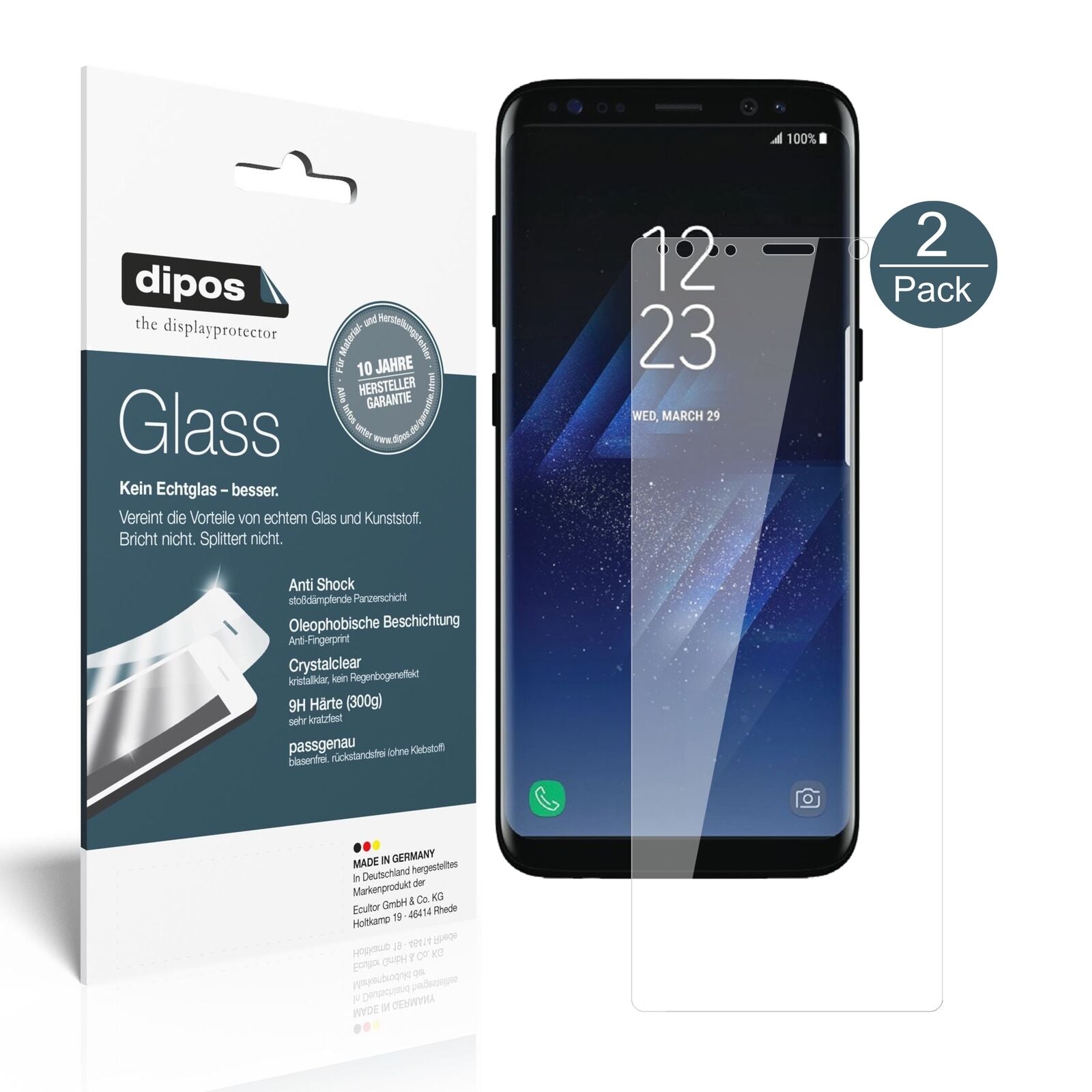SamsungGalaxy S8 mit aufgebrachter dipos Flex Schutzfolie, glasklare Darstellung ohne Einschränkungen