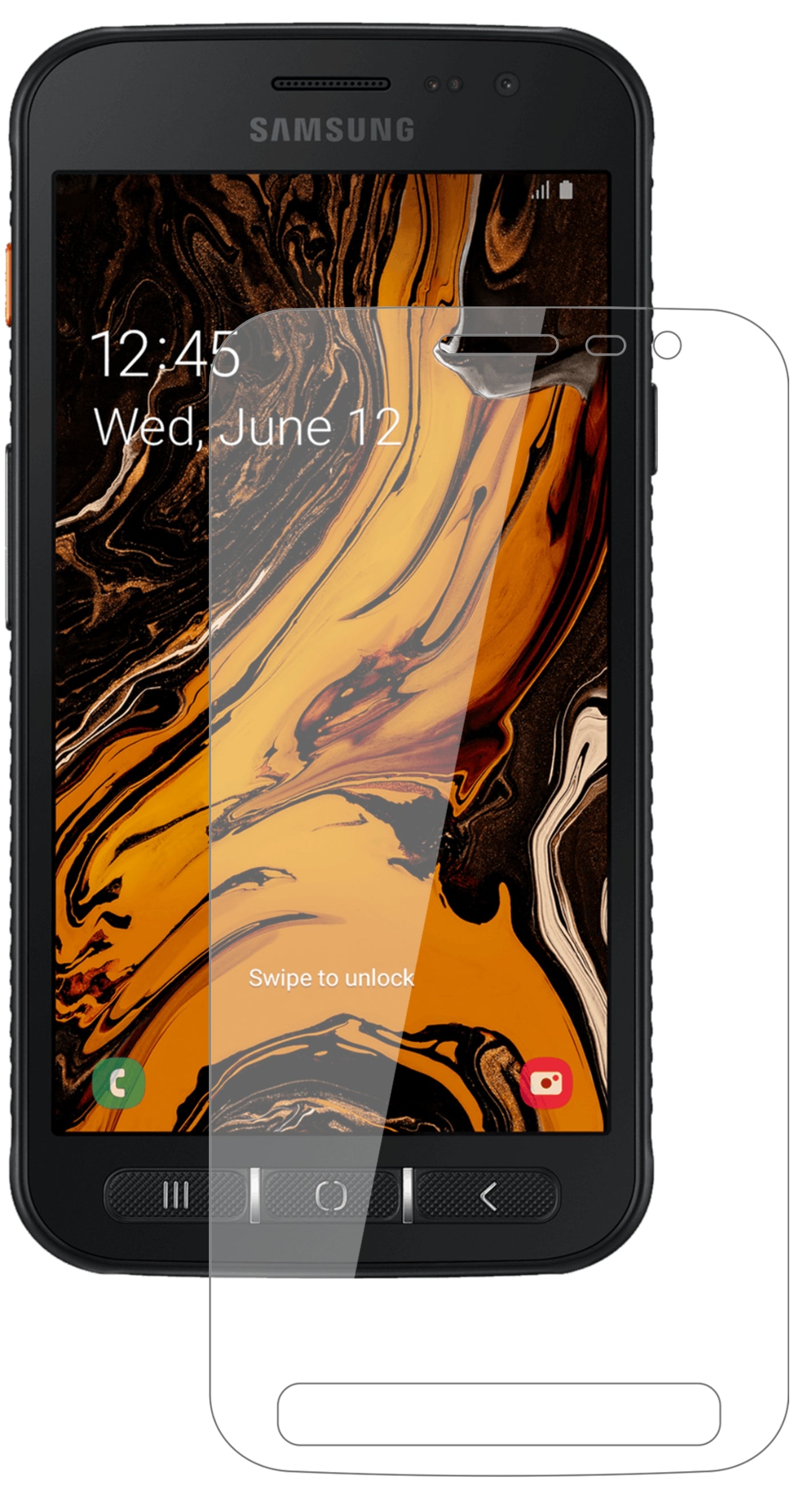 SamsungGalaxy Xcover 4S mit aufgebrachter dipos Flex Schutzfolie, glasklare Darstellung ohne Einschränkungen