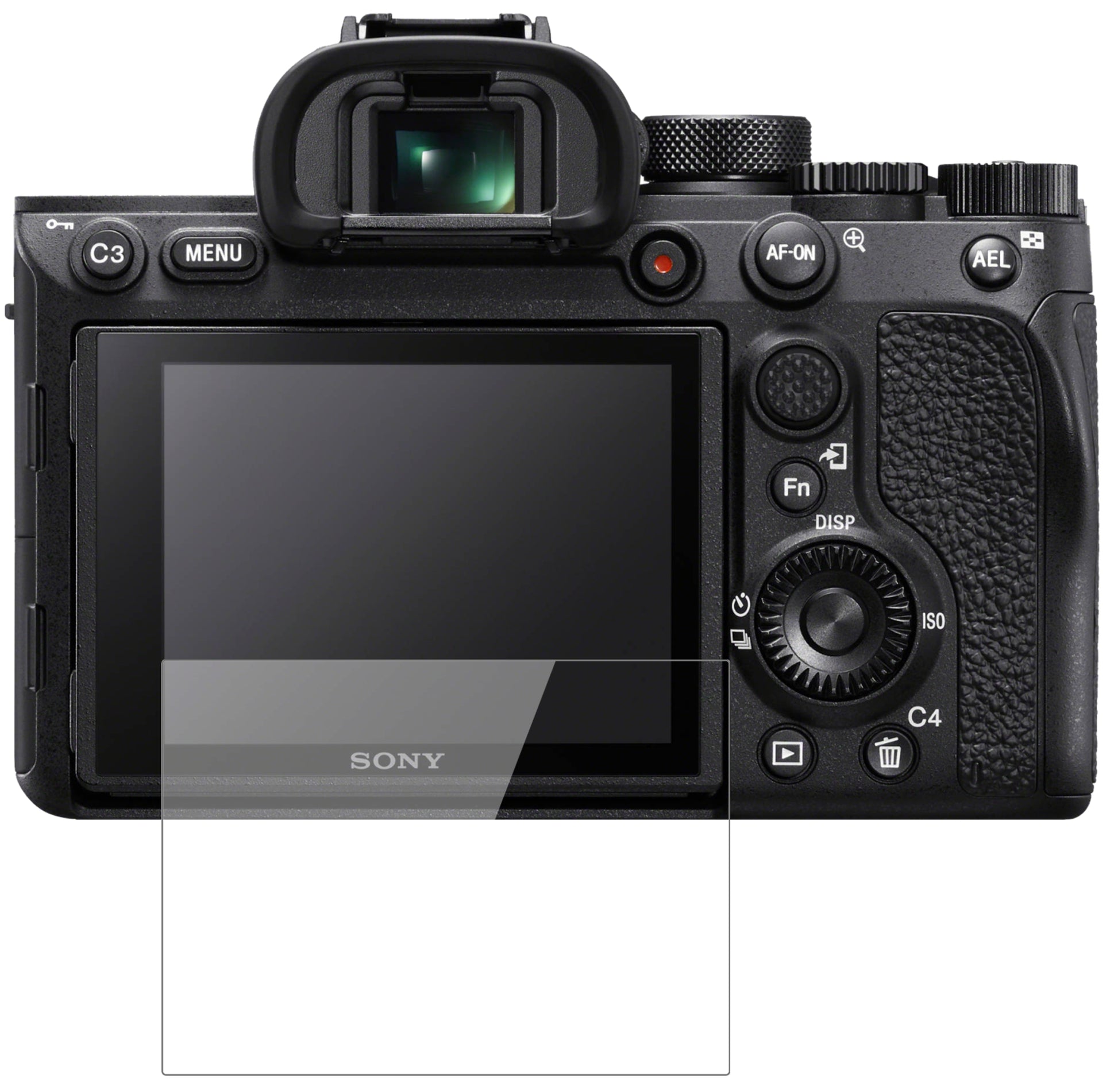 SonyA7R IV mit aufgebrachter dipos Flex Schutzfolie, glasklare Darstellung ohne Einschränkungen