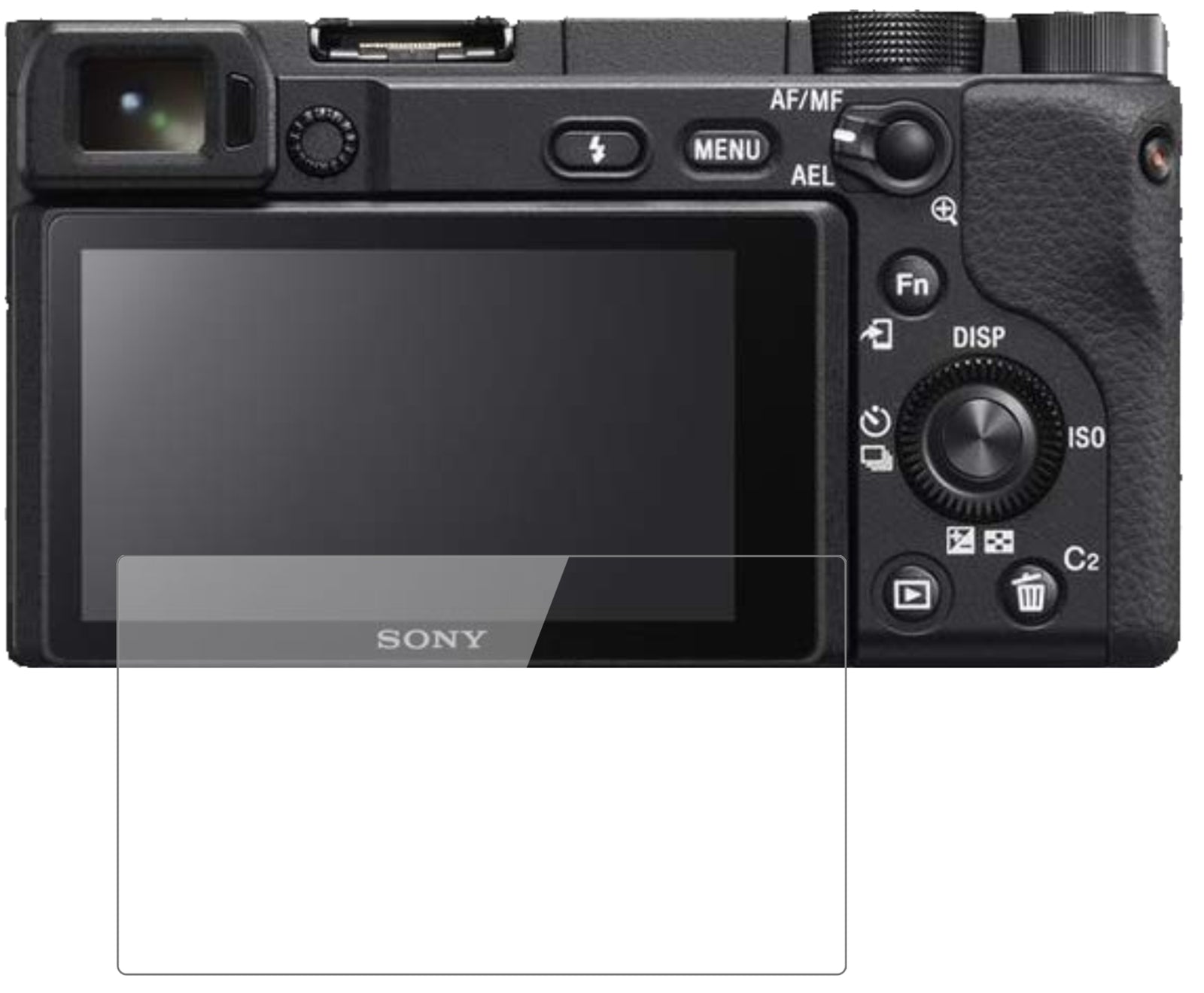 SonyAlpha 6400 mit aufgebrachter dipos Flex Schutzfolie, glasklare Darstellung ohne Einschränkungen