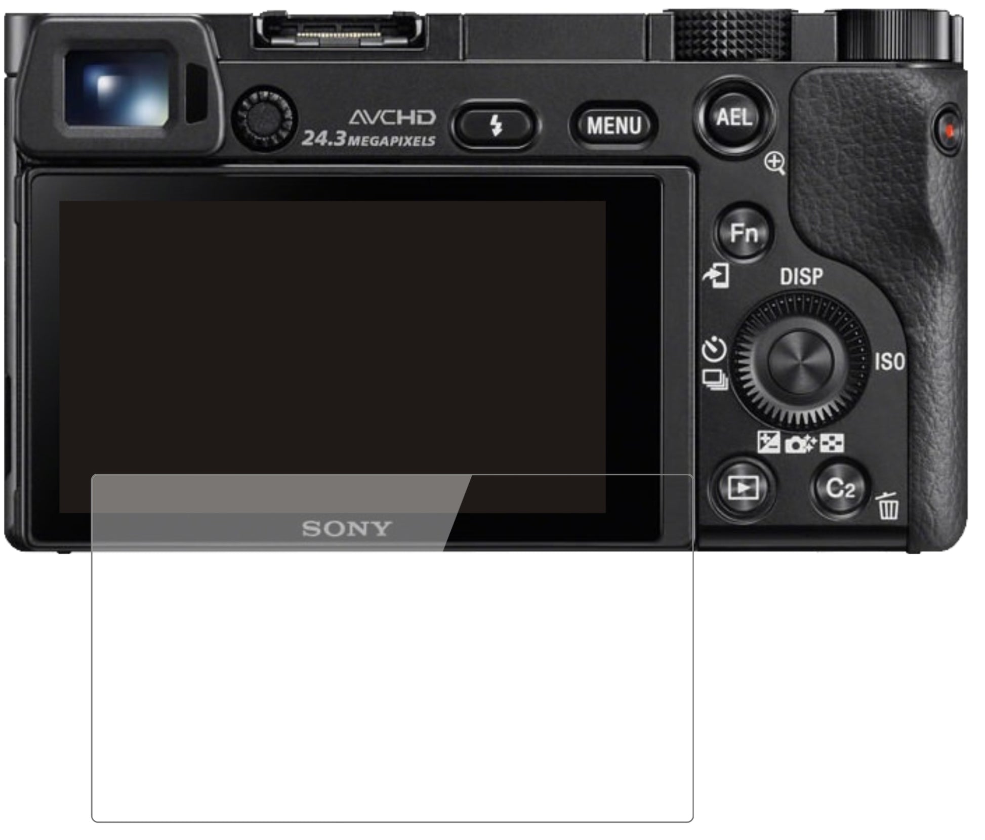 SonyAlpha 6000 mit aufgebrachter dipos Flex Schutzfolie, glasklare Darstellung ohne Einschränkungen