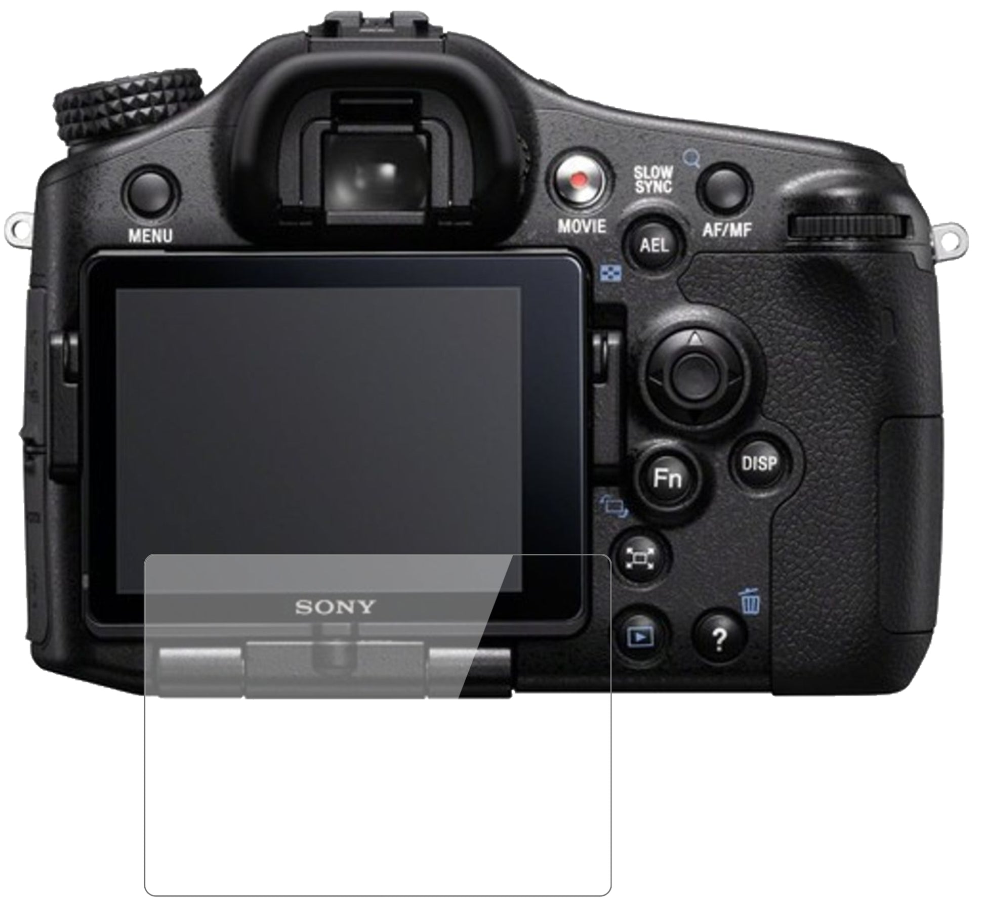 SonyAlpha 77 V mit aufgebrachter dipos Flex Schutzfolie, glasklare Darstellung ohne Einschränkungen