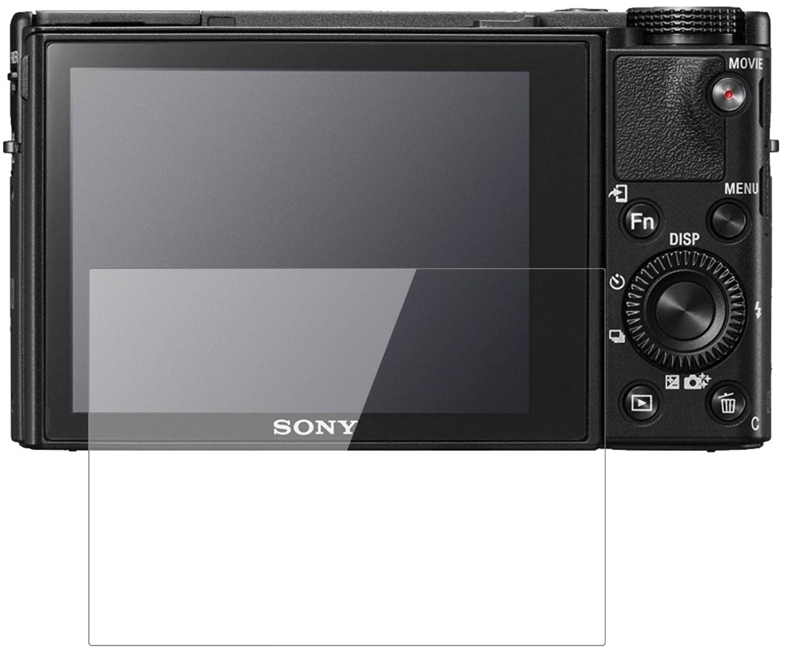 SonyCyber-Shot DSC-RX 100V mit aufgebrachter dipos Flex Schutzfolie, glasklare Darstellung ohne Einschränkungen