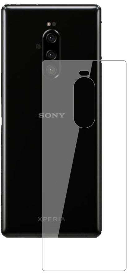 SonyXperia 1 Rückseite mit aufgebrachter dipos Flex Schutzfolie, glasklare Darstellung ohne Einschränkungen