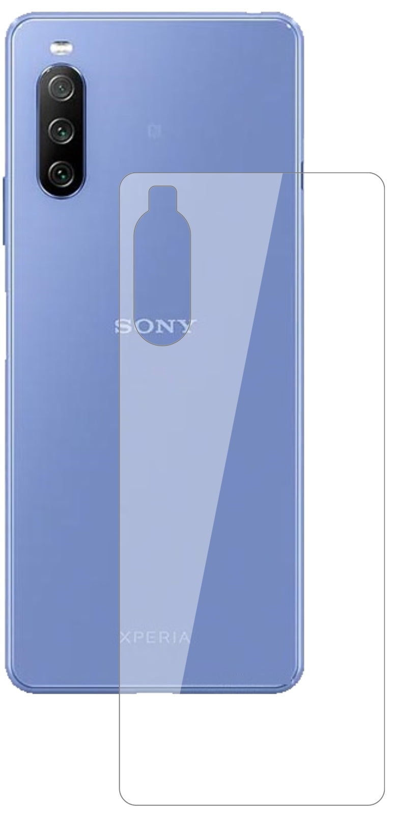 SonyXperia 10 III Rückseite mit aufgebrachter dipos Flex Schutzfolie, glasklare Darstellung ohne Einschränkungen
