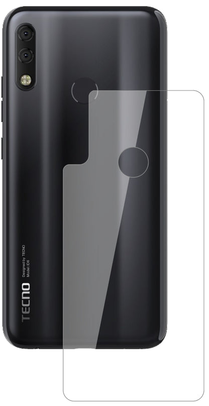 TecnoCamon 11 Pro Rückseite mit aufgebrachter dipos Flex Schutzfolie, glasklare Darstellung ohne Einschränkungen
